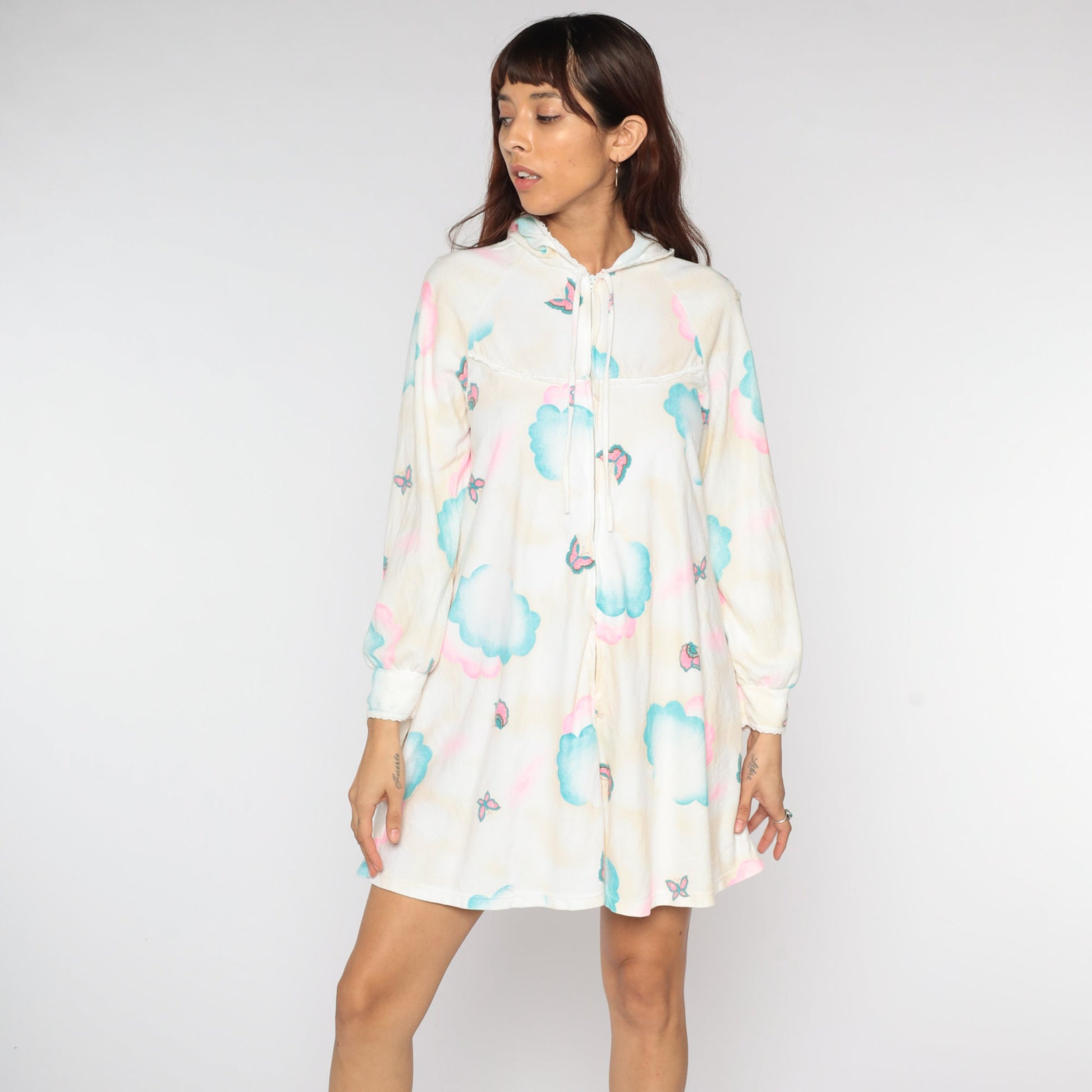 70s Hooded Lounge Dress Mini Butterfly Cloud Print Shift Beige White Small