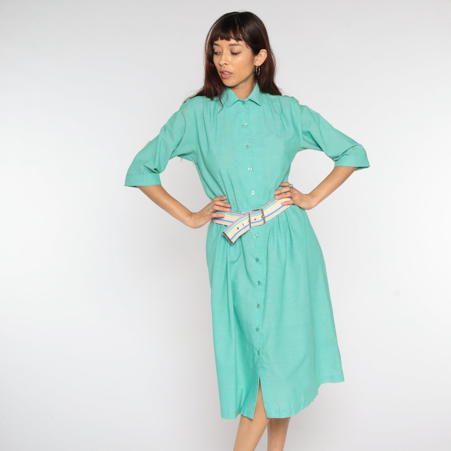 80s Green Shirtwaist Midi Dress High Waist Button Up 3/4 Sleeve Medium Petite