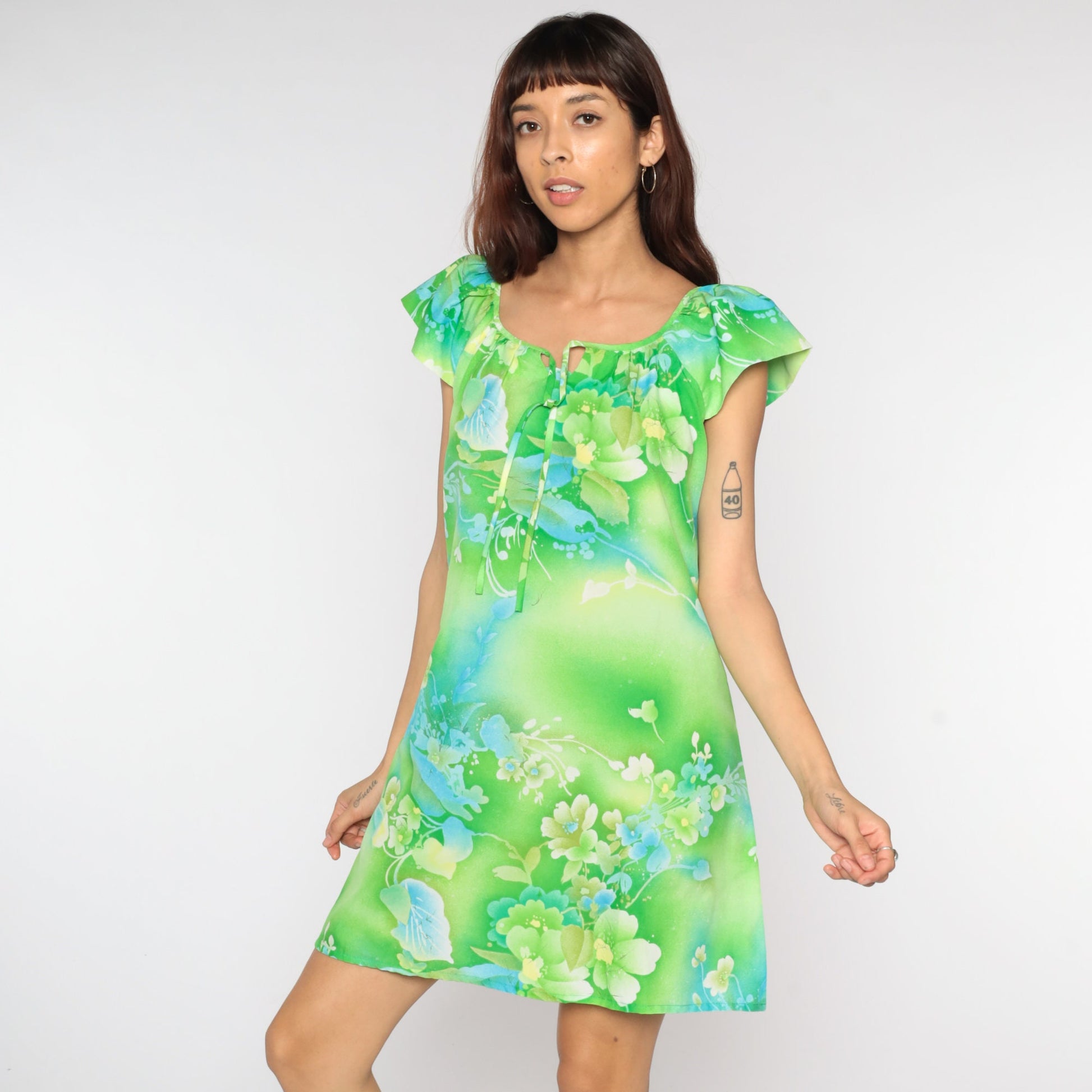 60s Green Floral Shift Dress Mini Neck Tie Flutter Sleeve Medium