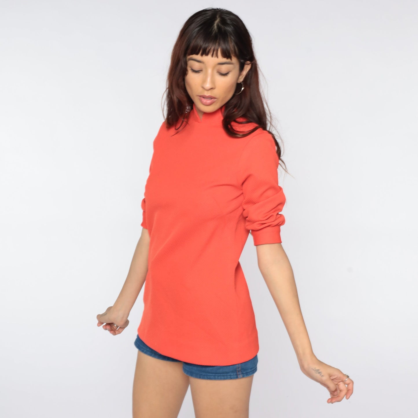 70s Mandarin Collar Shirt Orange Polyester Short Sleeve Blouse Extra Small XS