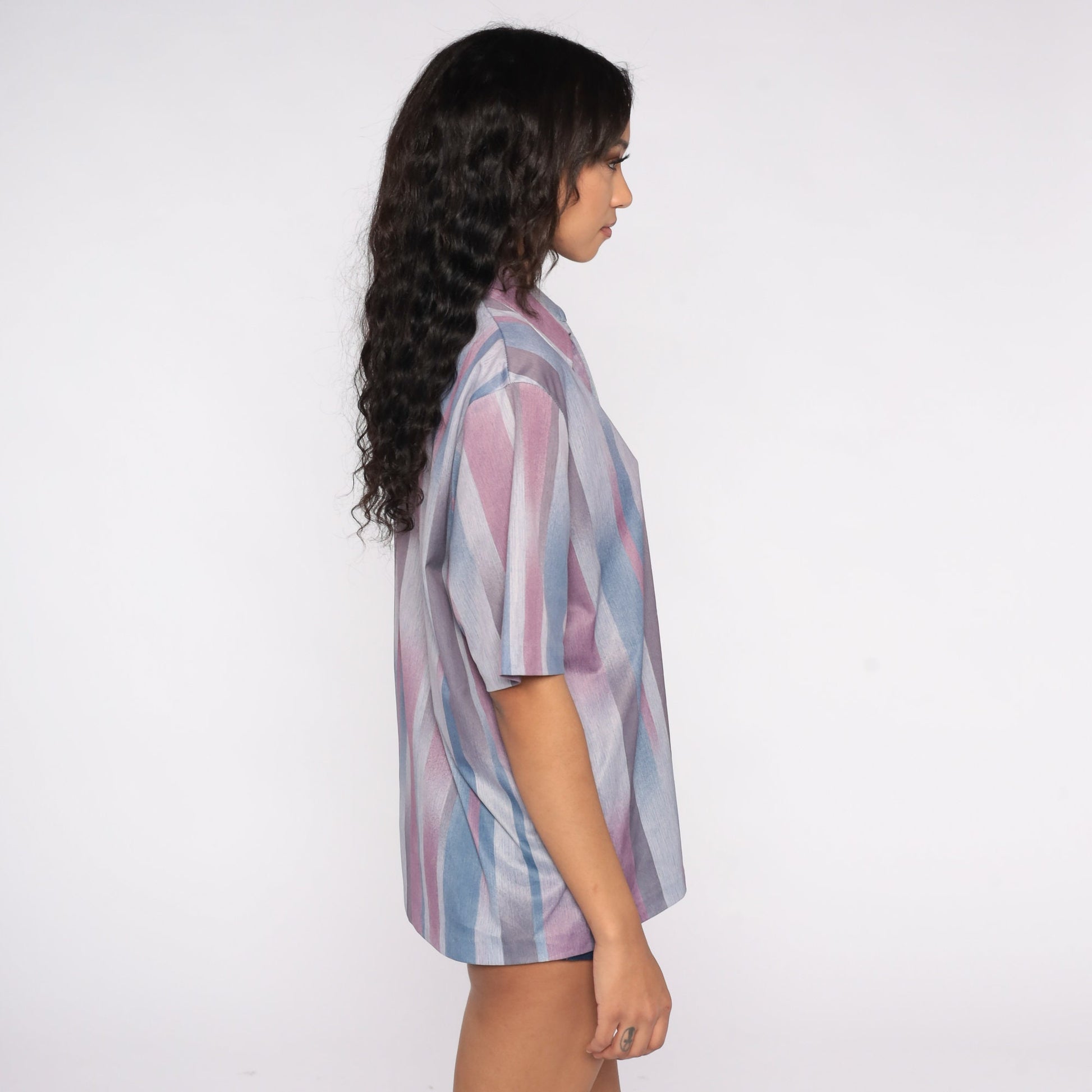 70s Striped V-Neck Blouse Purple Blue Short Sleeve Small