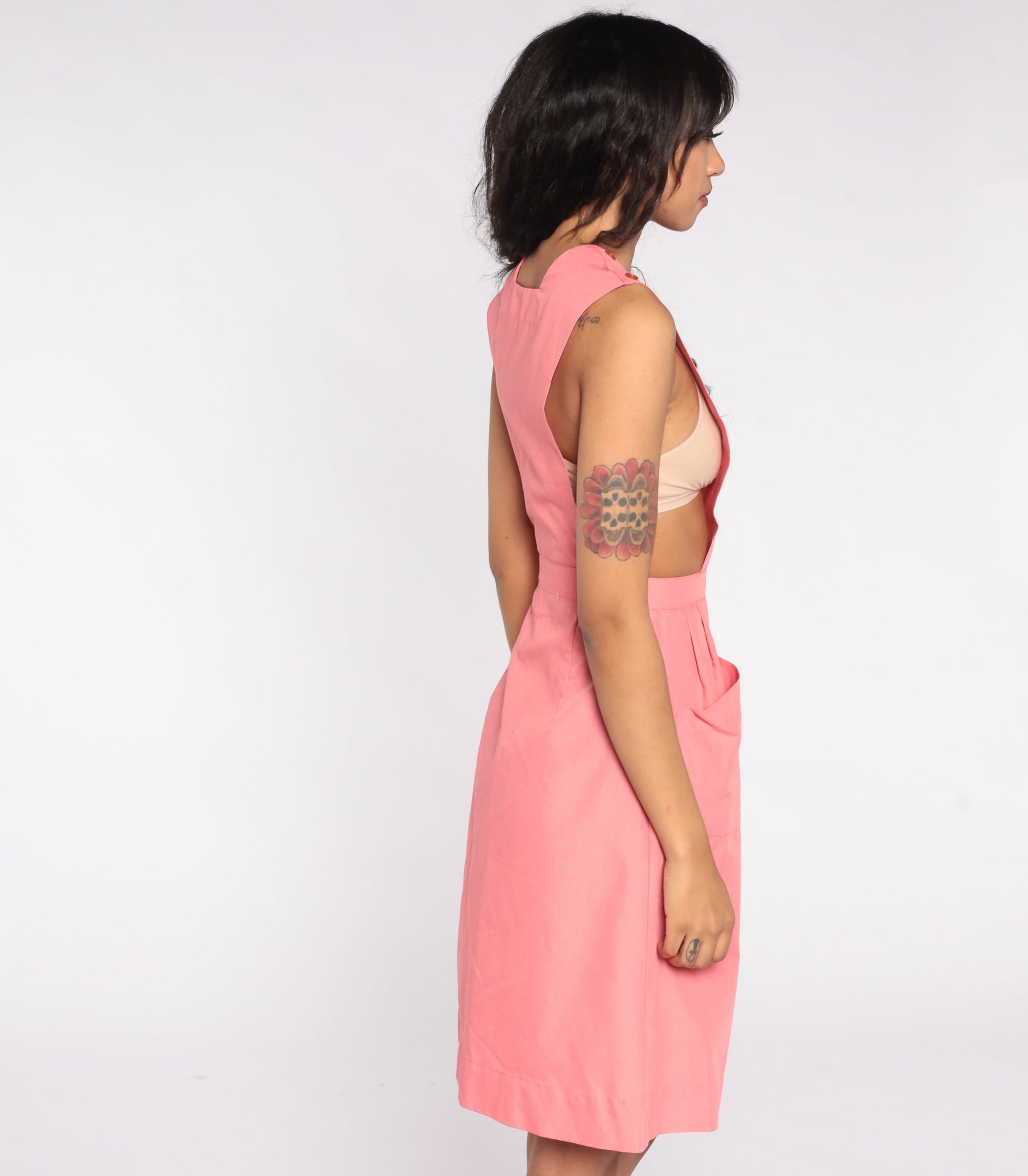80s Pink Apron Jumper Dress Sleeveless High Waist Pockets Small