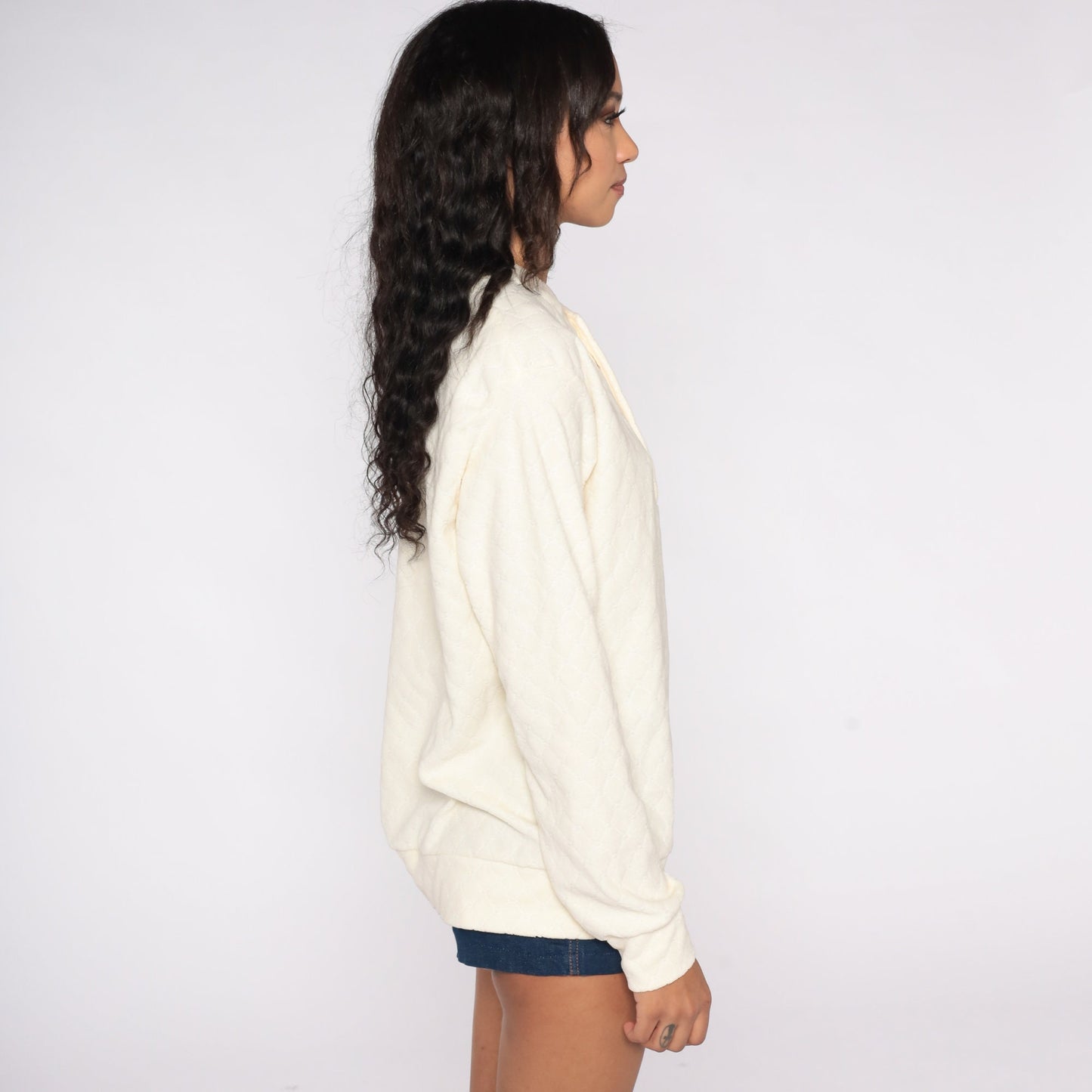 80s Cream Henley Quilted Terry Sweatshirt Long Sleeve Pullover Medium