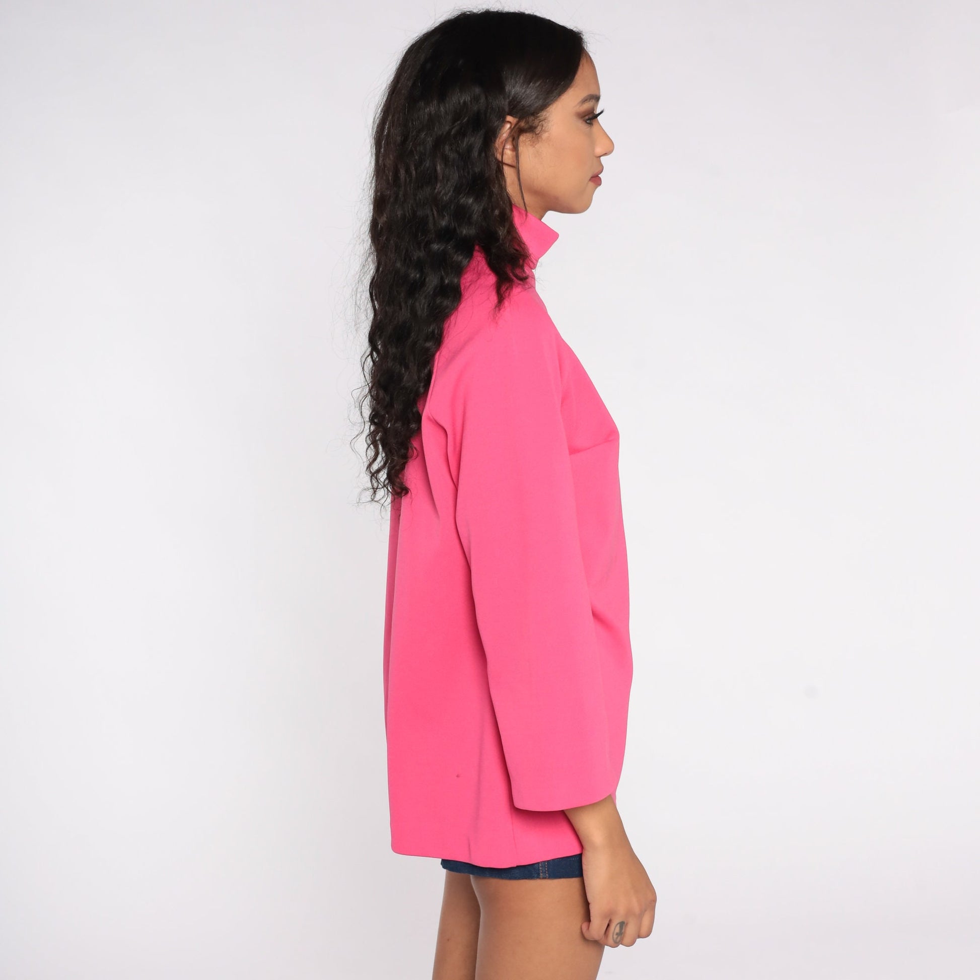 70s Bright Pink Turtleneck Blouse Raglan Sleeve Zip Back Medium