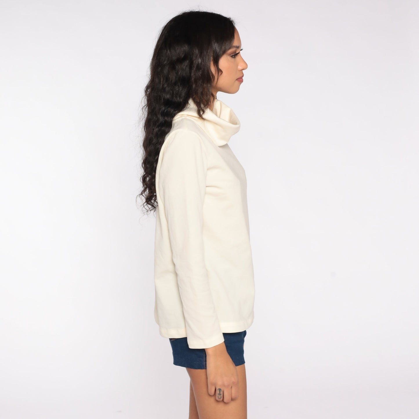 80s Cream Cowl Neck Blouse Long Sleeve Polyester Vintage Shirt Medium Large