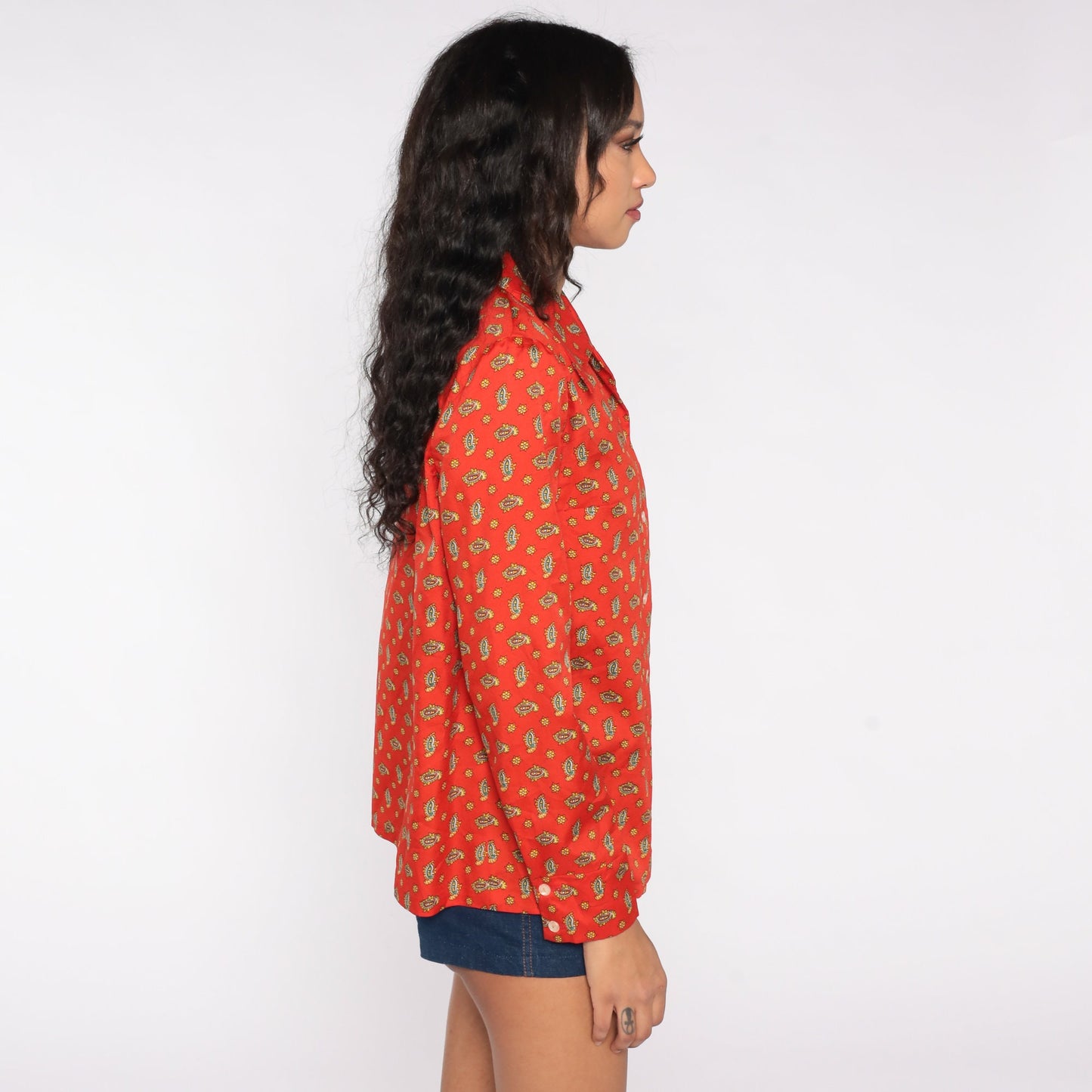 70s Paisley Print Dagger Collar Blouse Red-Orange Long Sleeve Medium