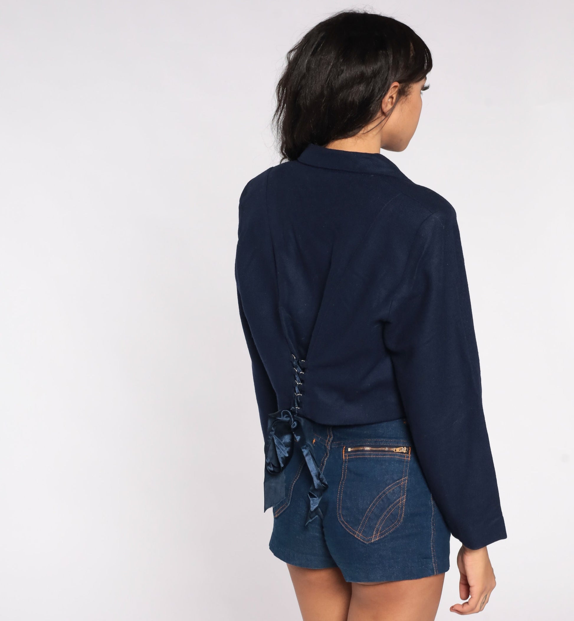 00s Navy Wool Blend Cropped Blazer Button-Up Tailored Jacket Medium M