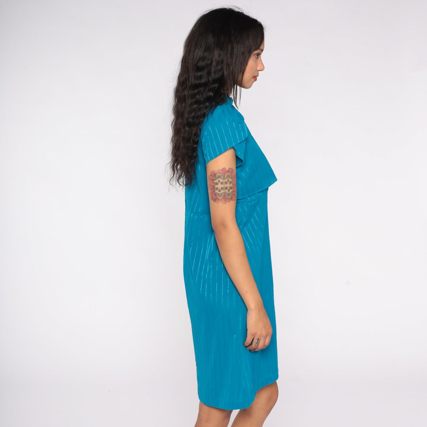 80s Blue Striped Puff Sleeve Dress Knee Length High Waist Small