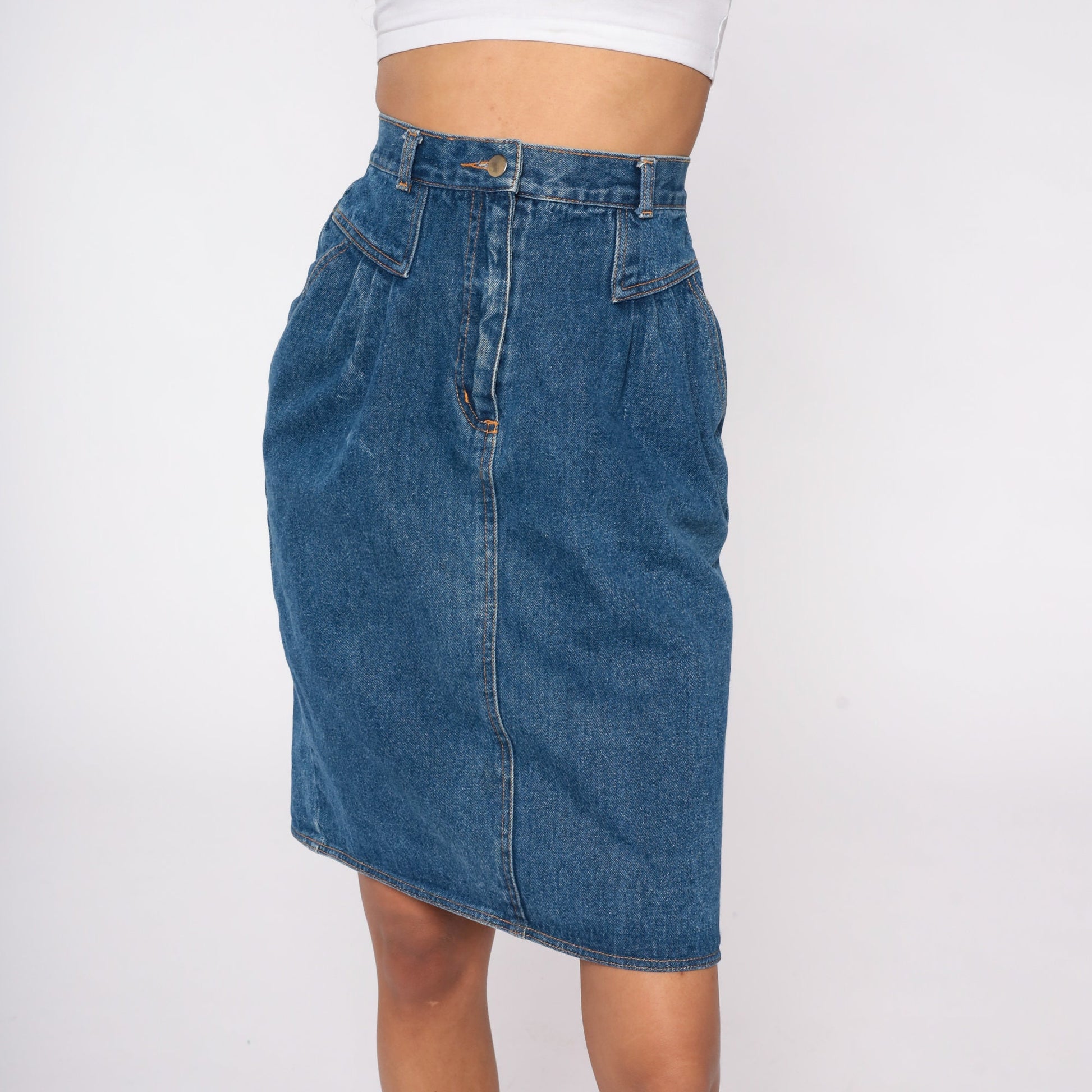 90s Blue Denim Pleated Mini Skirt High Waist Jean Pencil Skirt Extra Small
