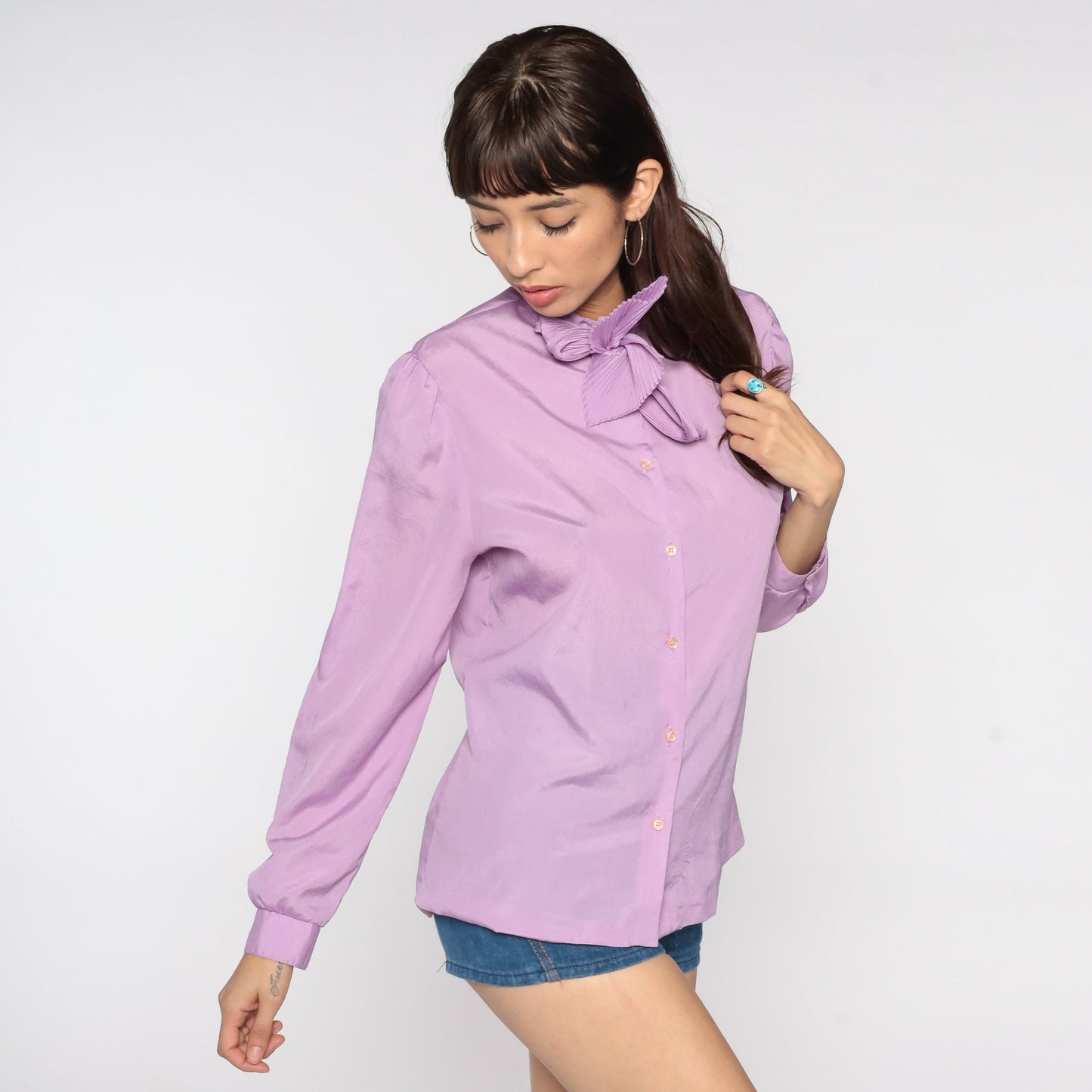 80s Purple Necktie Blouse Puff Sleeve Button Up Ruffle Collar Medium