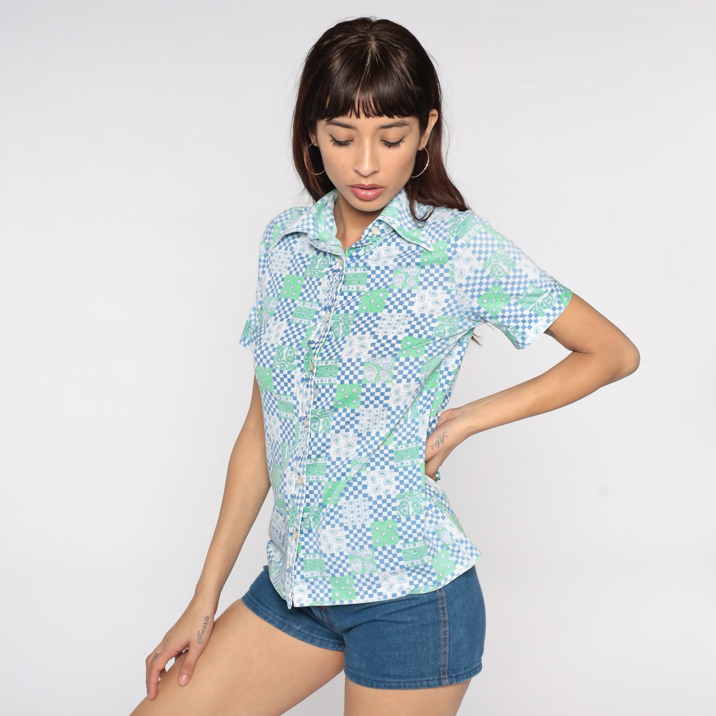 70s Checkered Paisley Floral Button Up Shirt Dagger Collar Blue Small