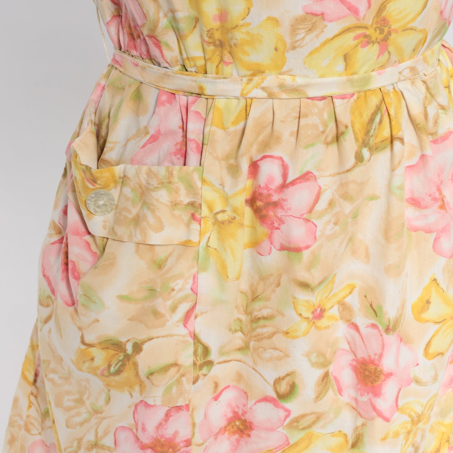 60s Floral Mini Dress Yellow Flower Print High Waist Pleated Medium
