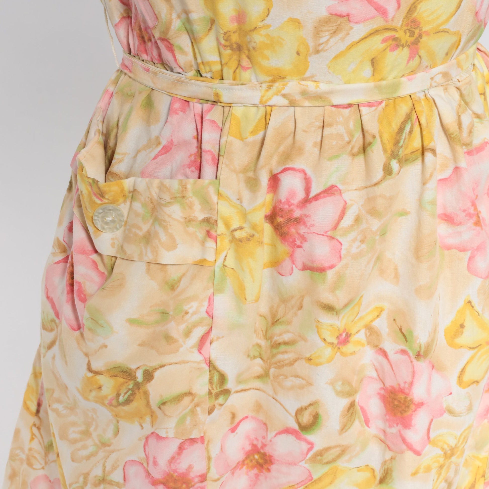 60s Floral Mini Dress Yellow Flower Print High Waist Pleated Medium