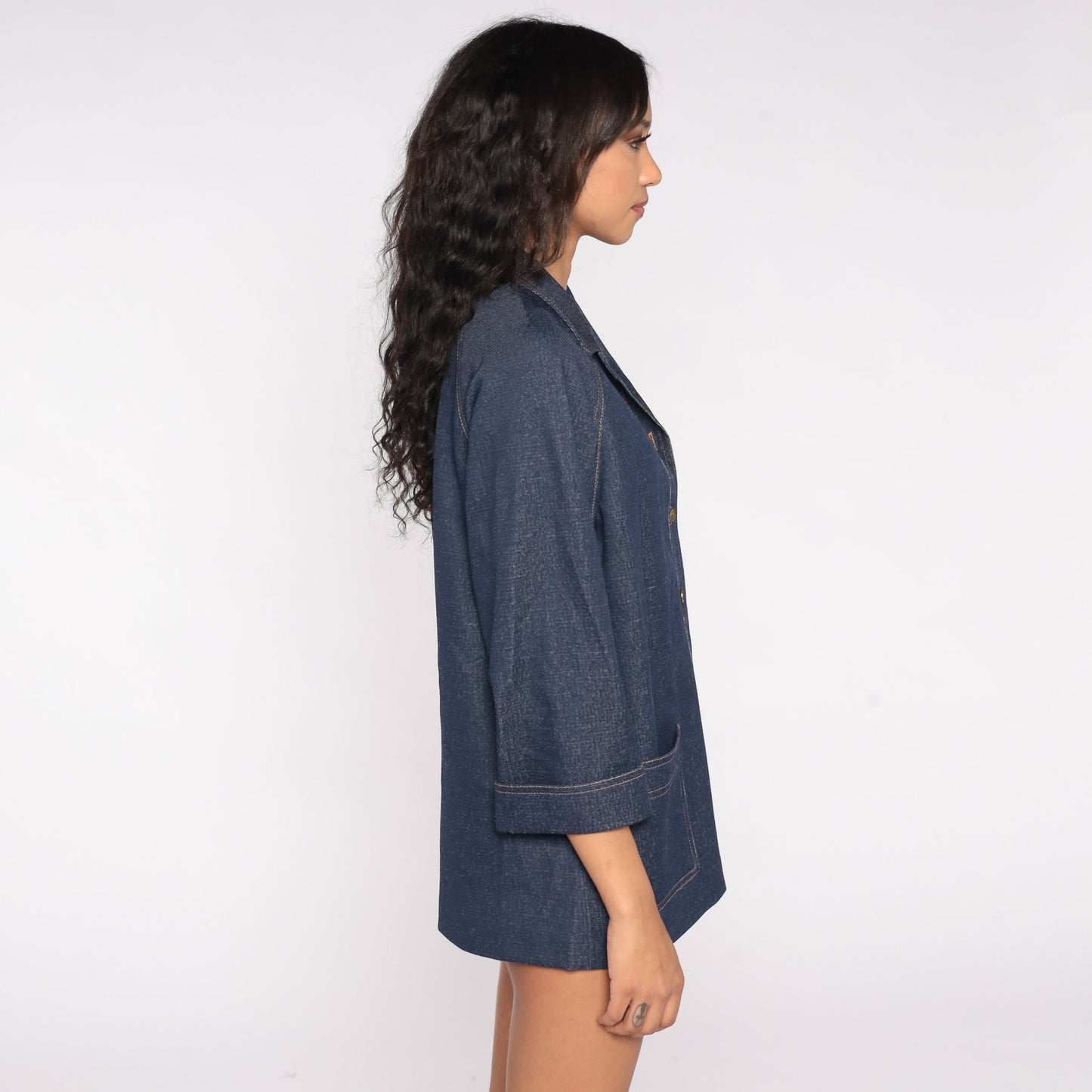 70s Dark Blue Denim-Look Jacket Button Up Raglan Sleeve Medium Large