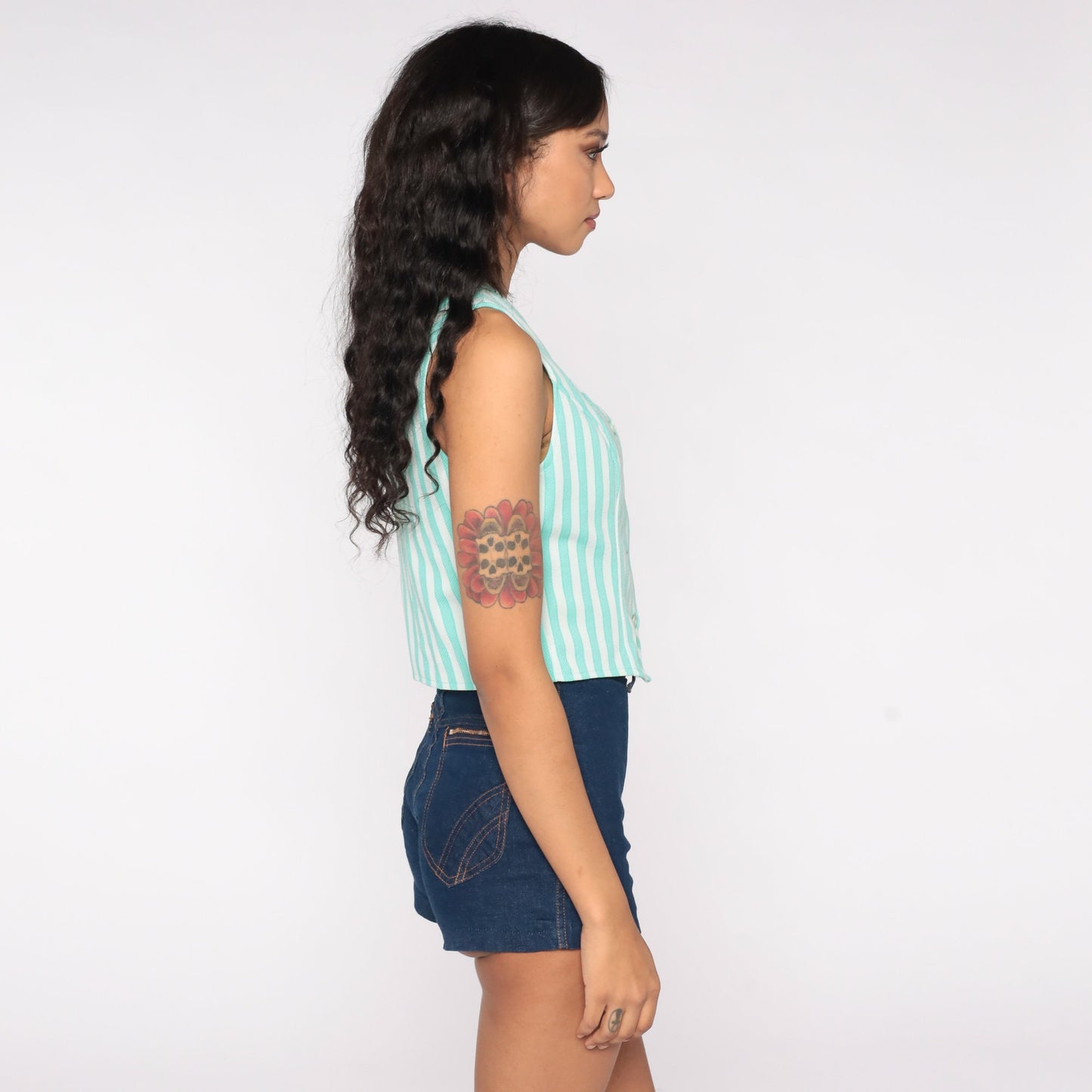 70s Green Striped Vest Button-Up Tank Small
