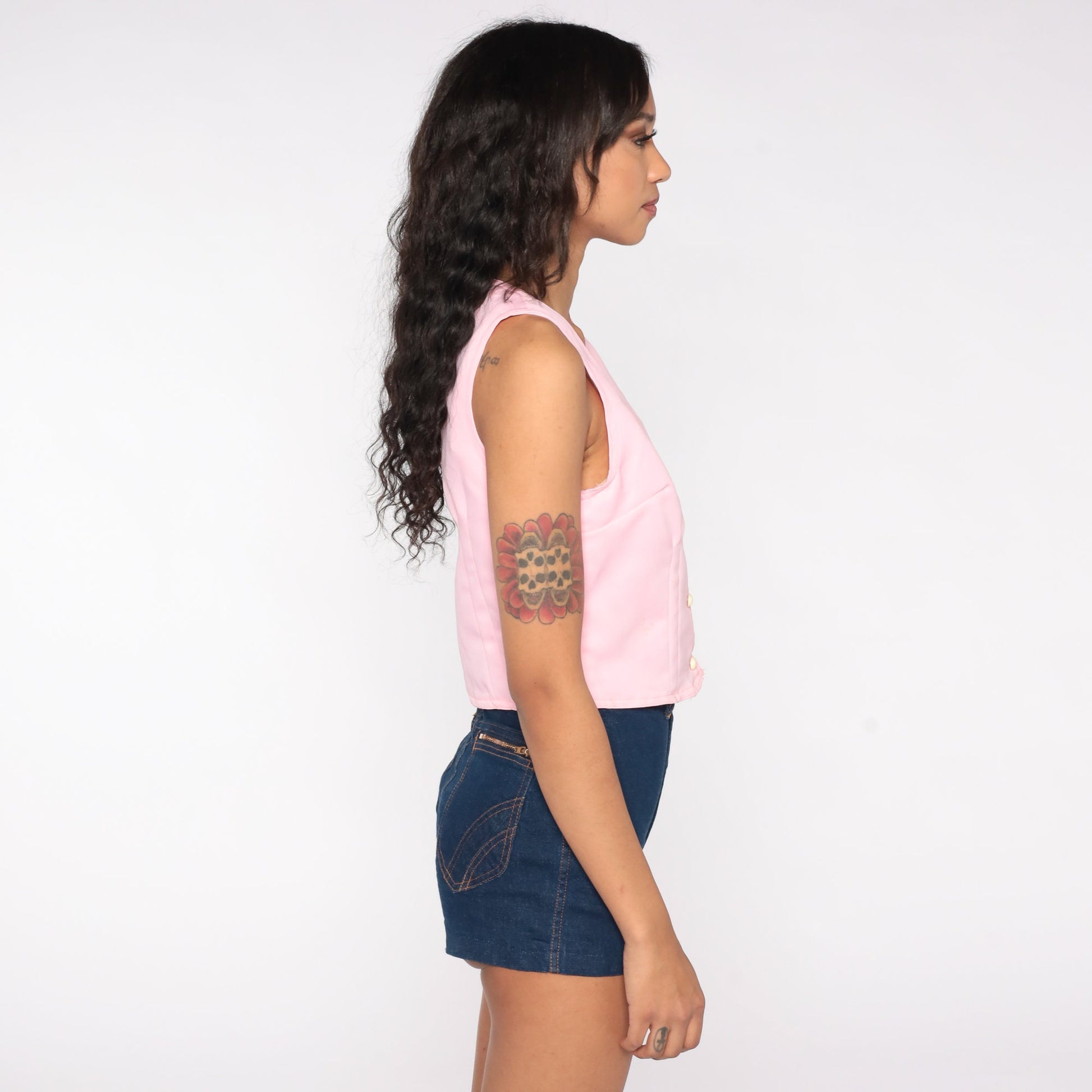 70s Baby Pink Button-Up Tank Top Sleeveless Blouse Small Medium