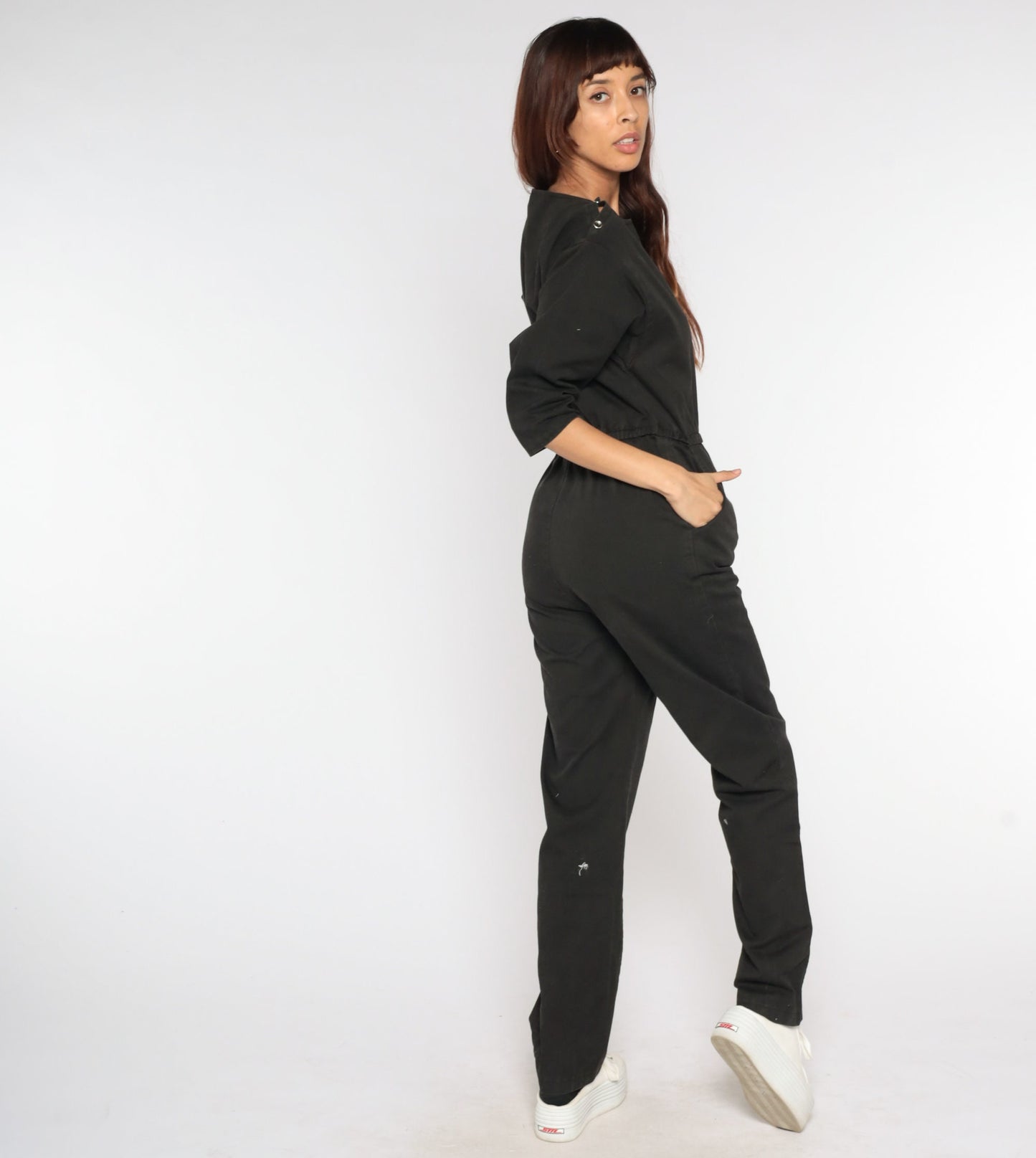 80s Black Jumpsuit High Waisted Tapered 3/4 Sleeve Playsuit Small Medium
