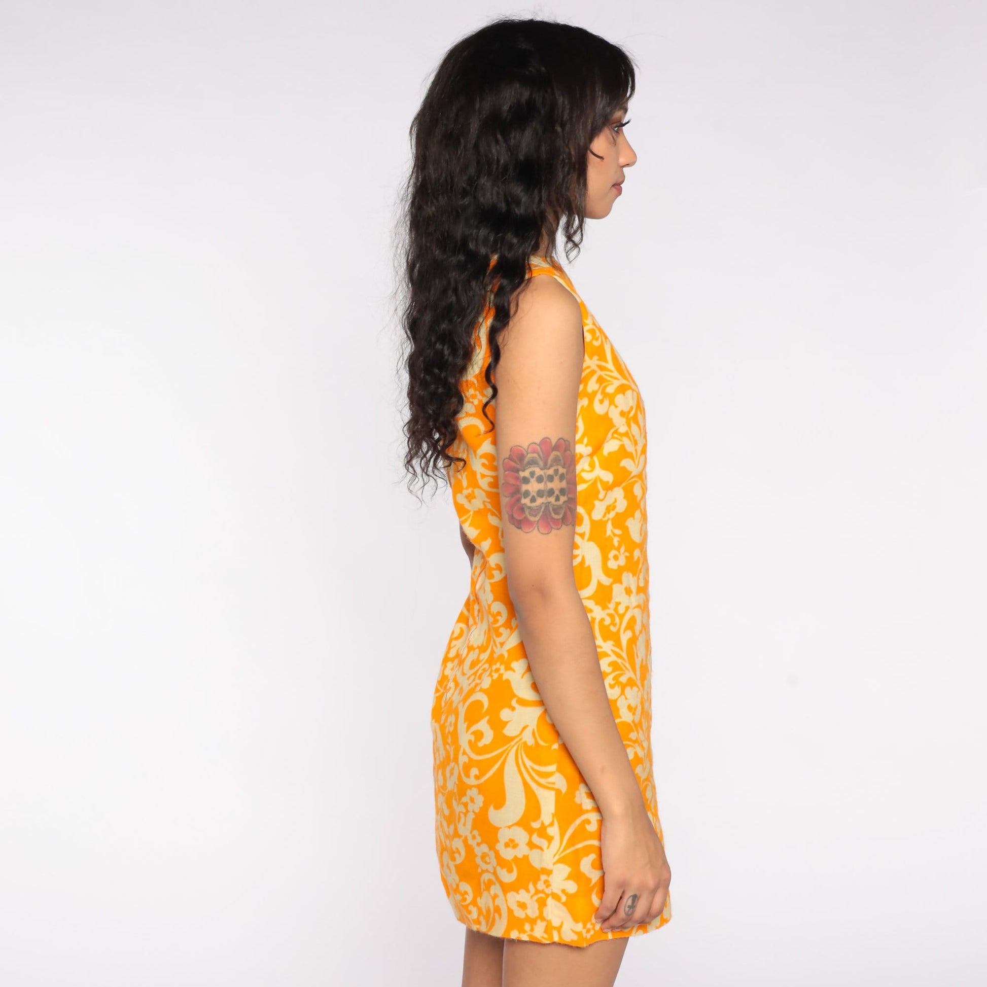 60s Orange Floral Shift Mini Dress Sleeveless Extra Small