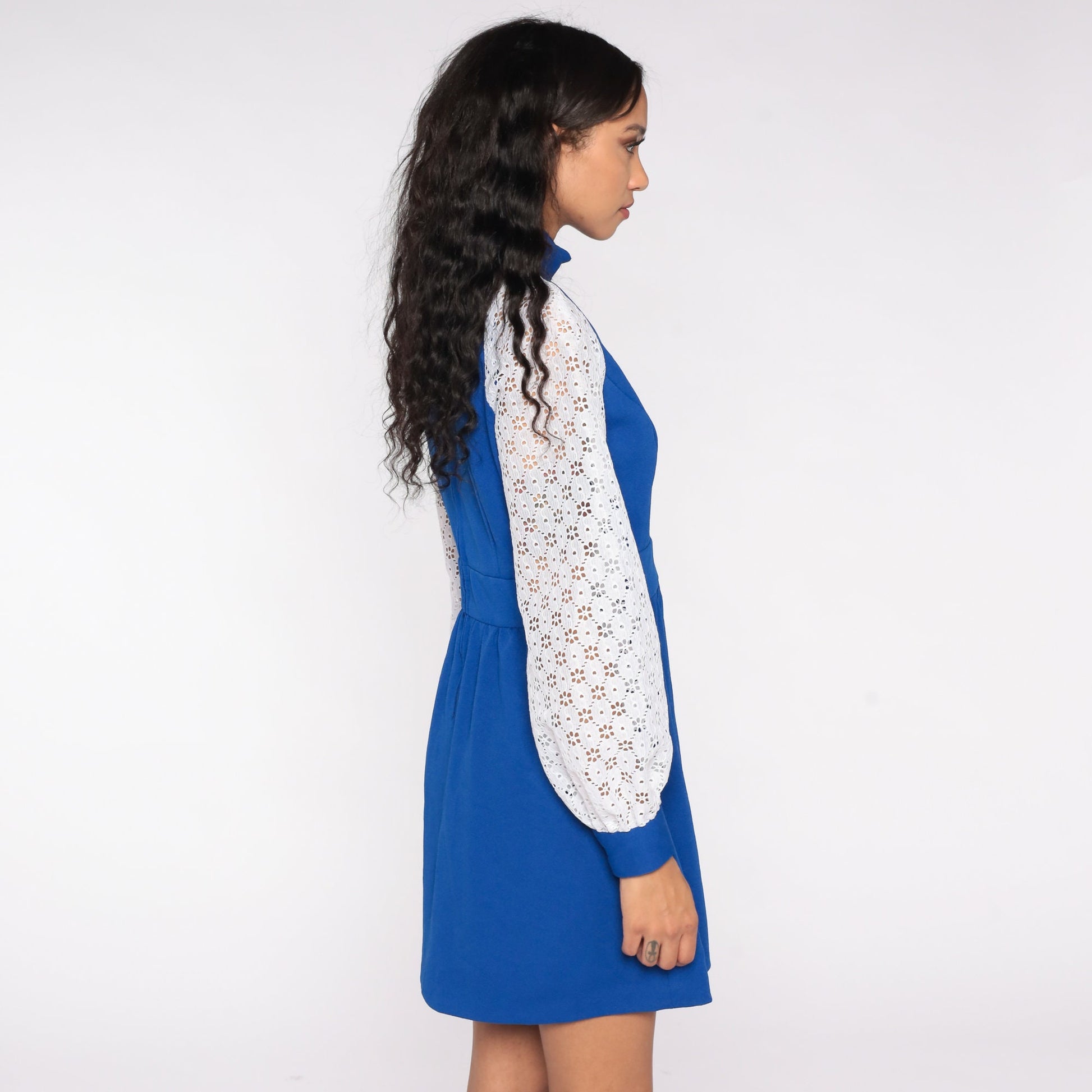70s Blue Mini Dress Choker Collar Puff Sleeve High Waist Lace Floral Small