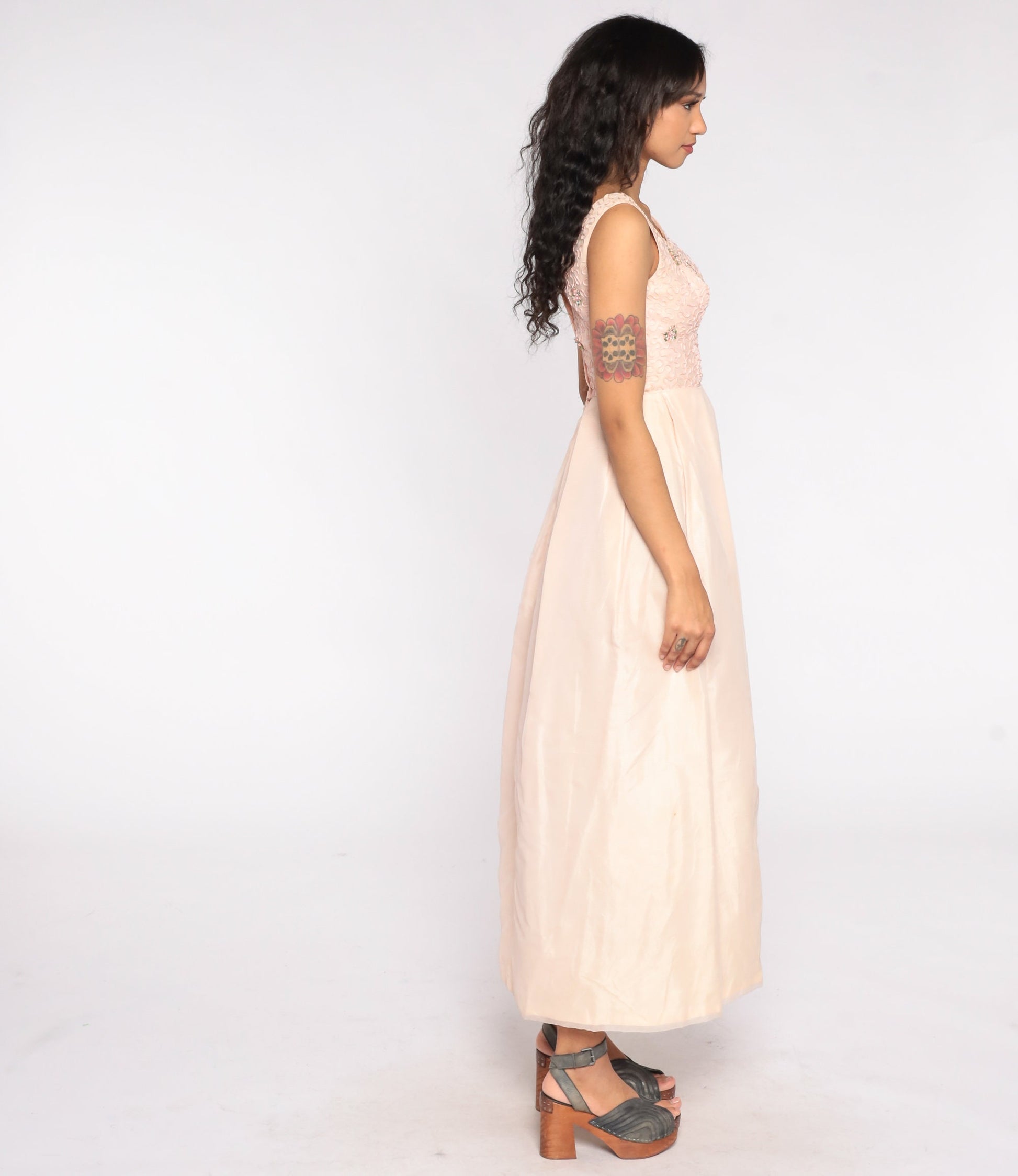 60s Pink Floral Maxi Dress Full Skirt Sleeveless Formal Gown Extra Small XS