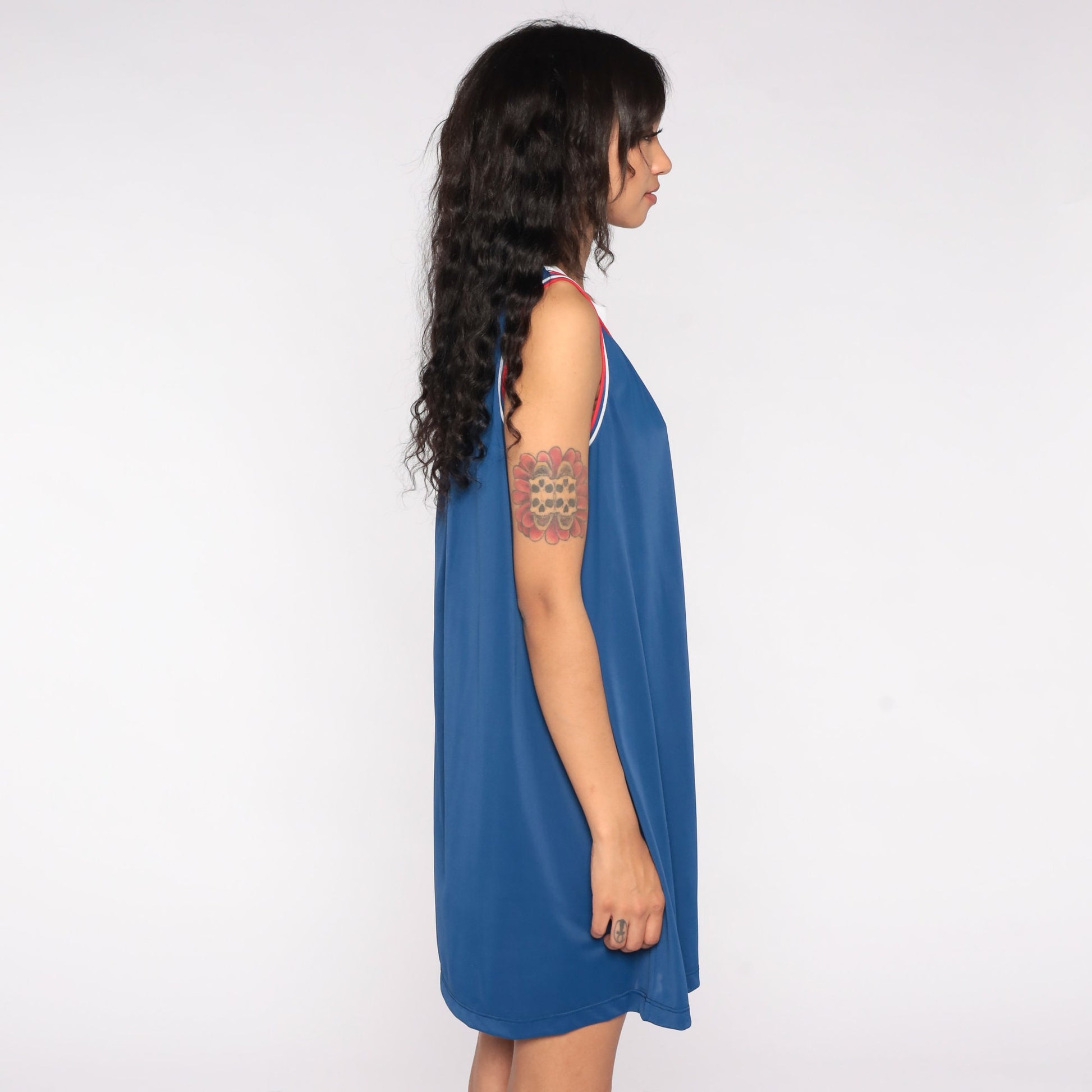 70s Blue Striped Nightgown Sleeveless Mini Lounge Dress Keyhole Back Large