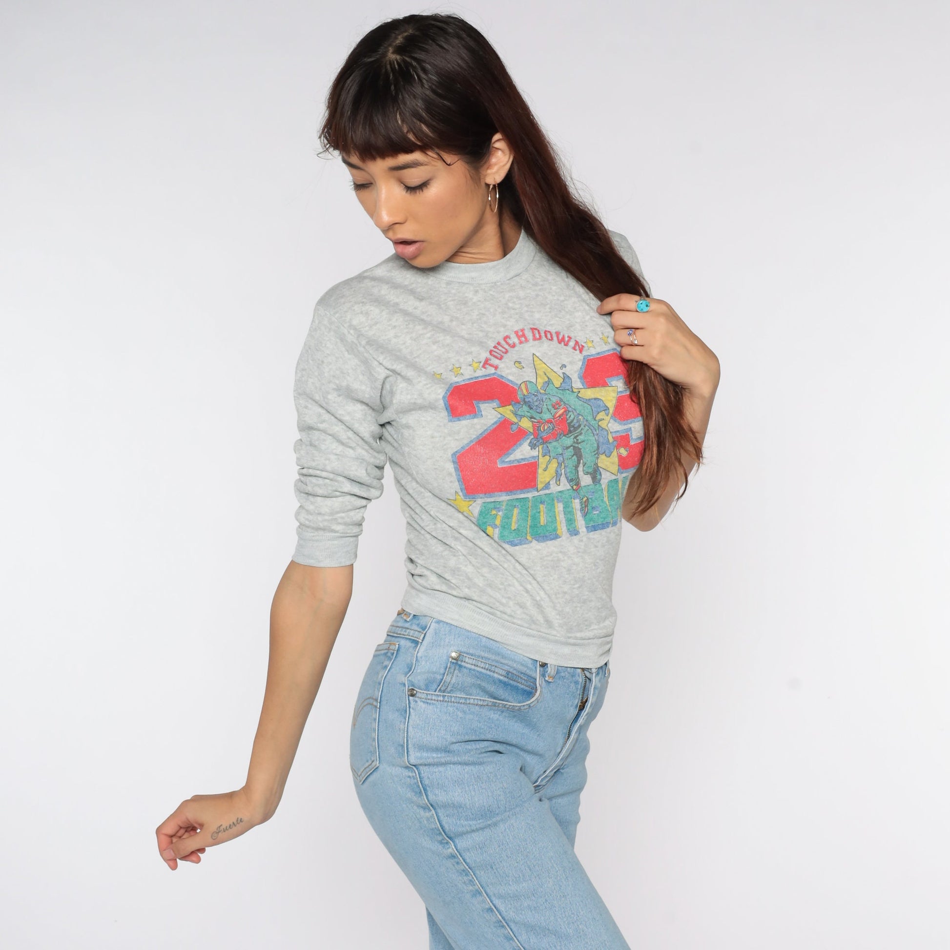 80s Football Touchdown #29 Sweatshirt Grey Graphic Pullover XXS