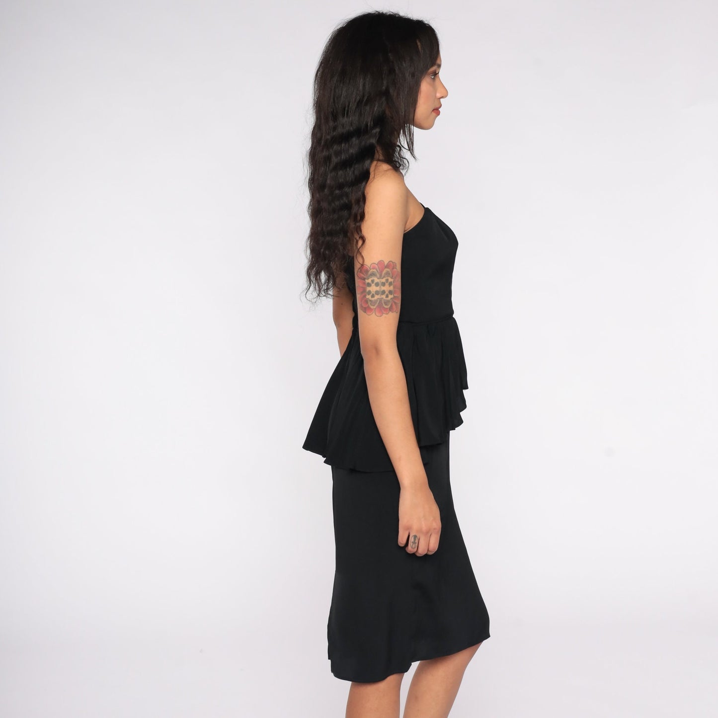 80s Black Strapless Midi Dress Sweetheart Neckline Peplum Extra Small