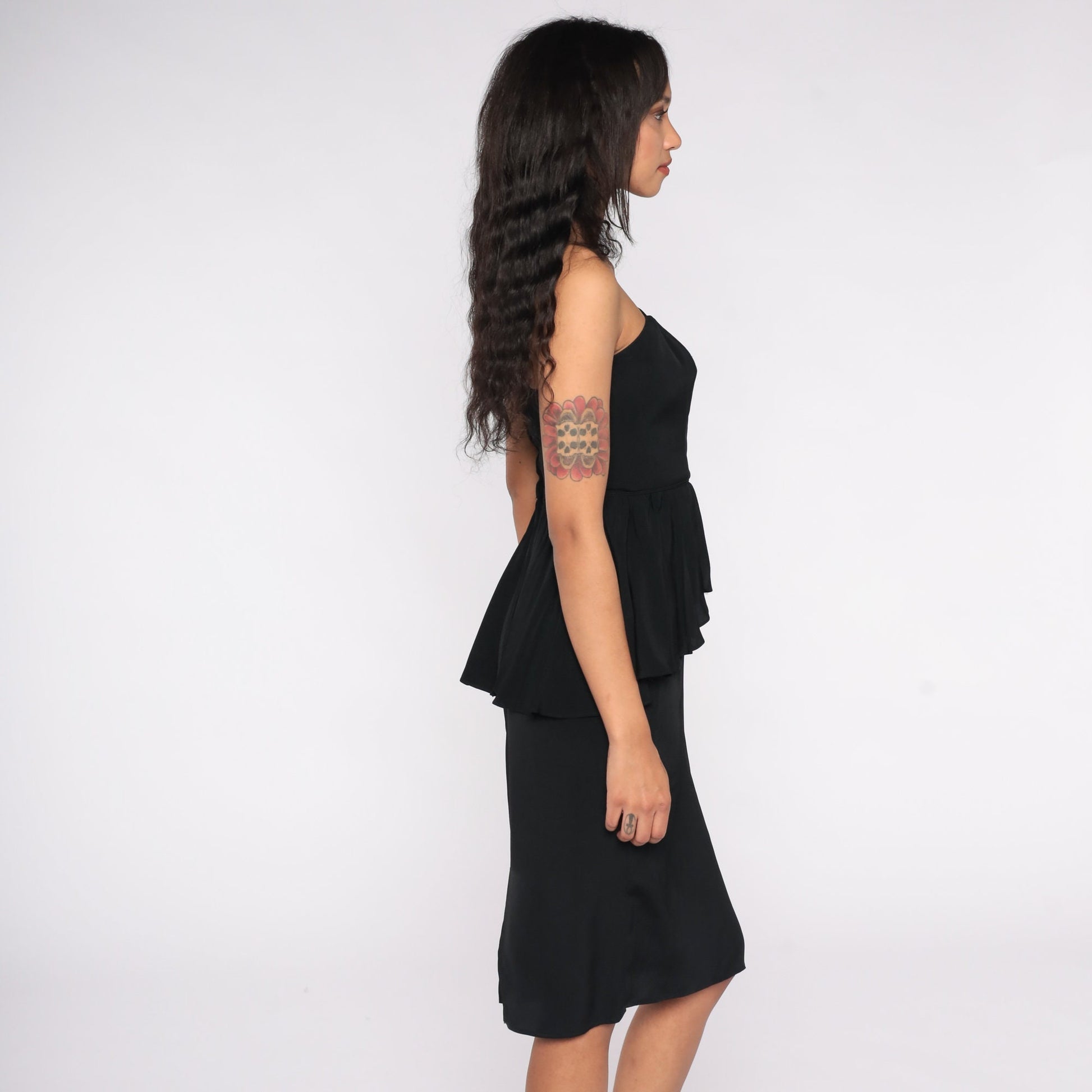 80s Black Strapless Midi Dress Sweetheart Neckline Peplum Extra Small