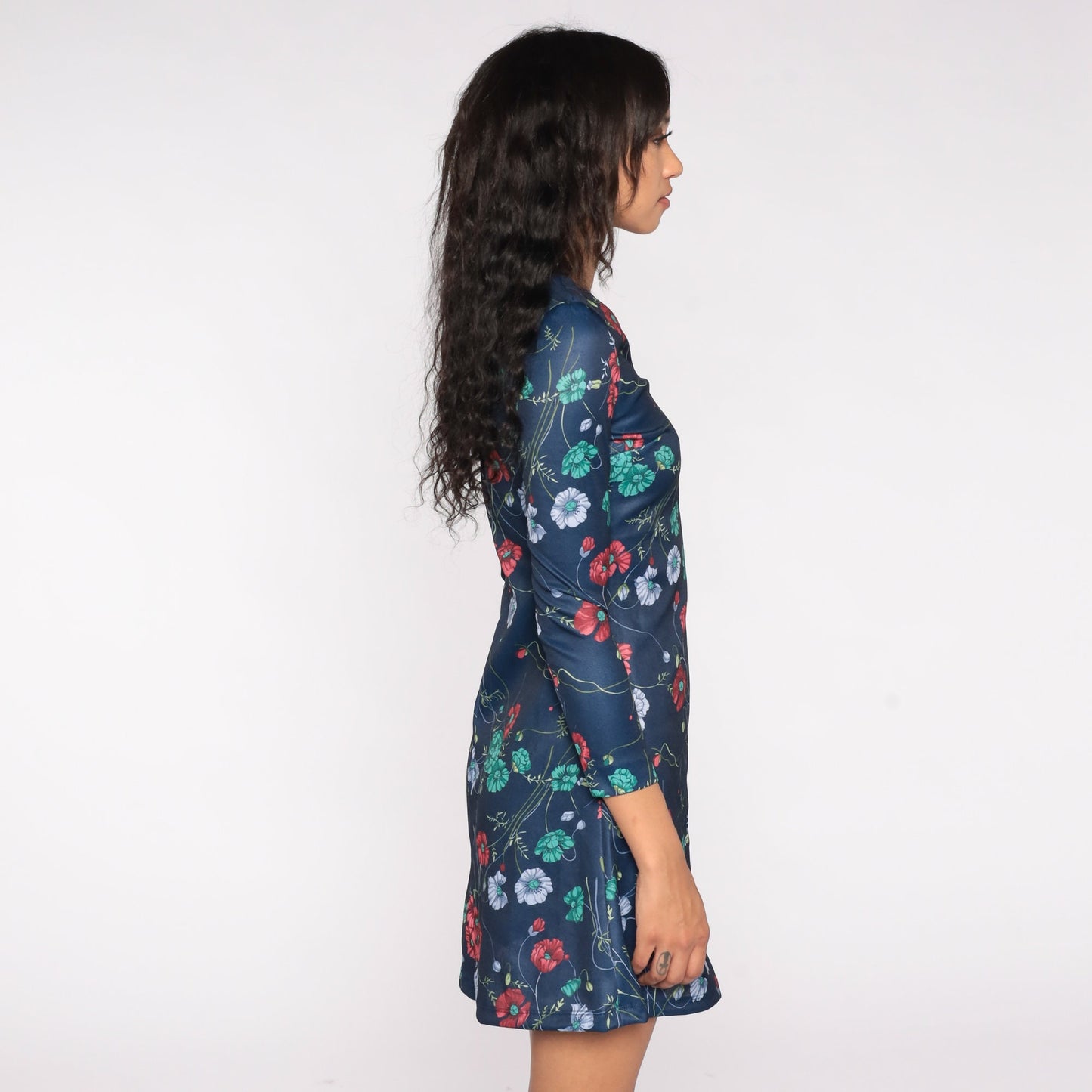 70s Floral Mini Dress Navy Blue V Neck Long Sleeve Shift Small S