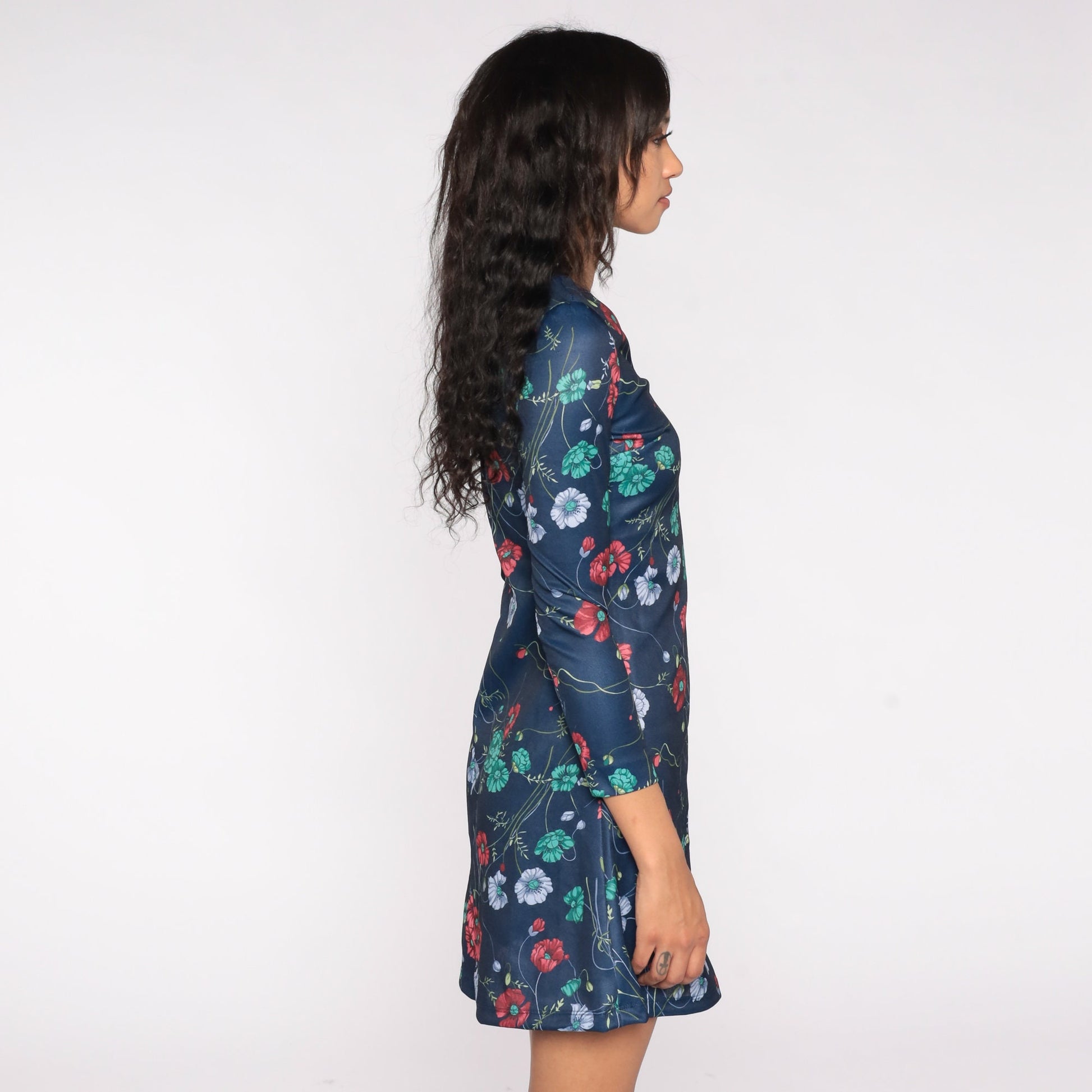 70s Floral Mini Dress Navy Blue V Neck Long Sleeve Shift Small S