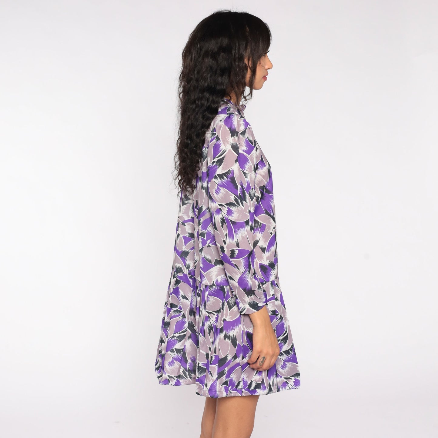 80s Purple Abstract Floral Mini Dress Puff Sleeve Drop Waist Large L