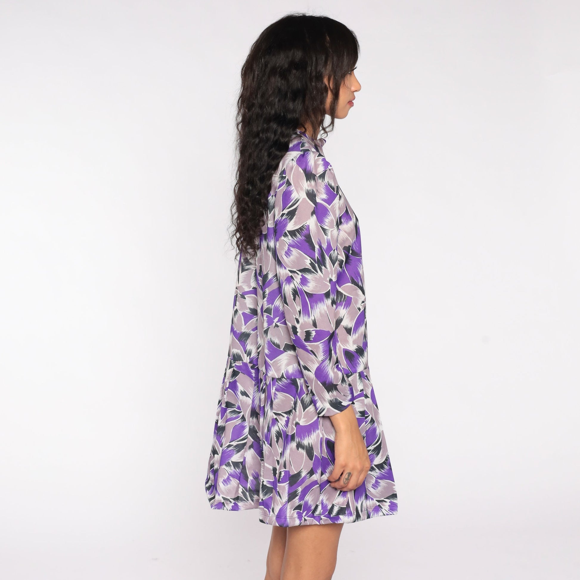 80s Purple Abstract Floral Mini Dress Puff Sleeve Drop Waist Large L