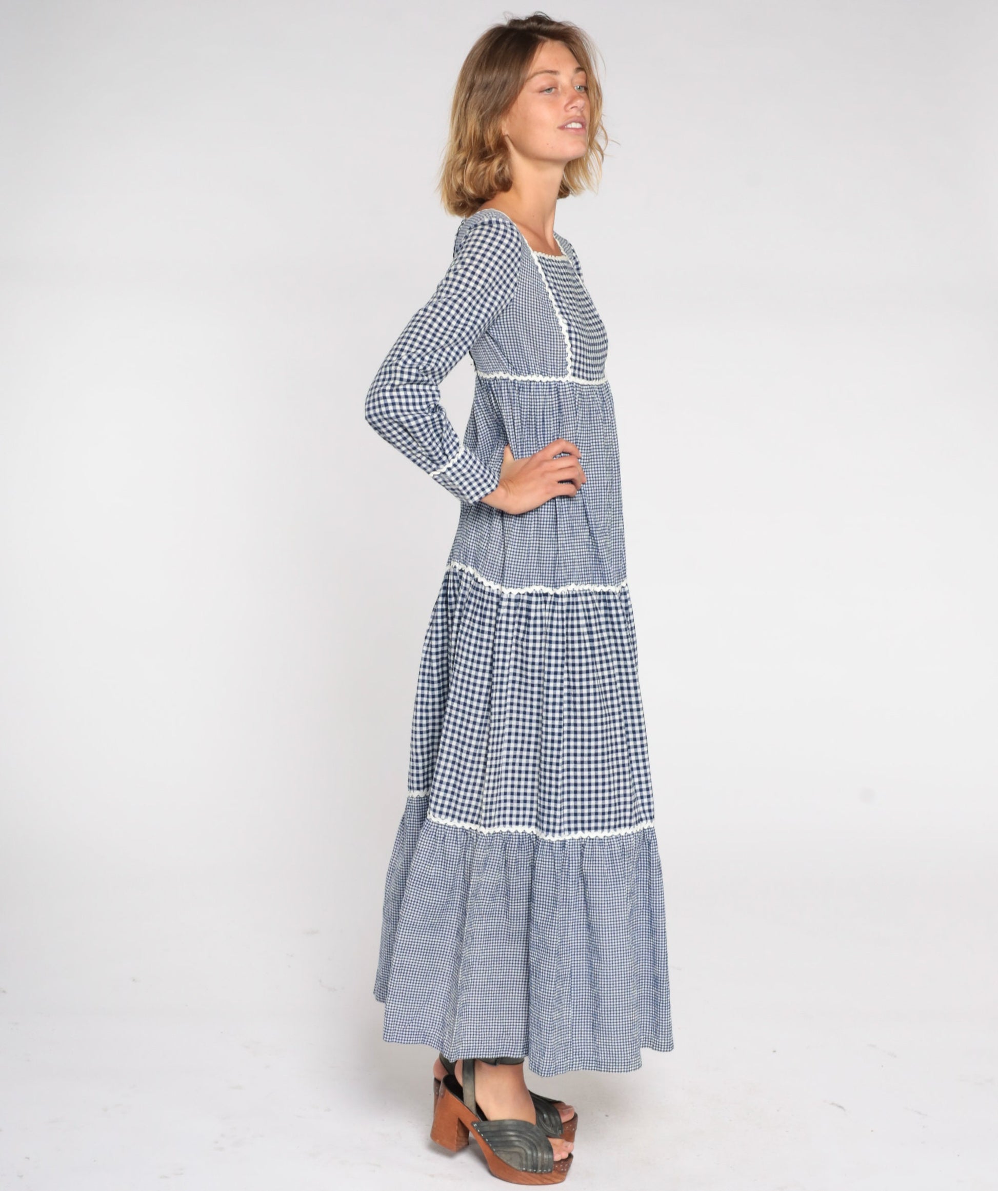 70s Sue Brett Blue Gingham Maxi Dress Empire Waist Puff Sleeve Small