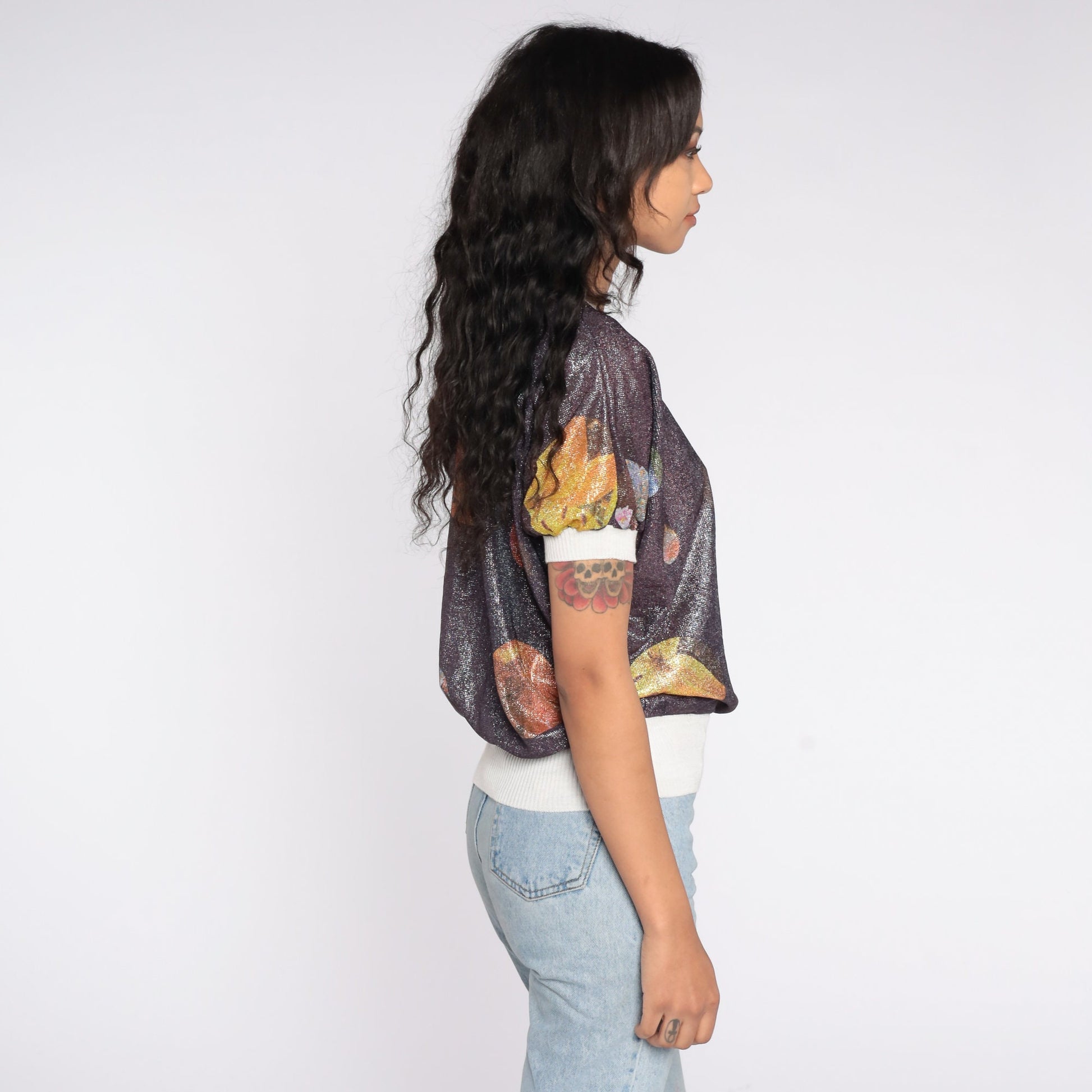 00s Metallic Floral Planet Print Short Sleeve Ringer Tee Small S
