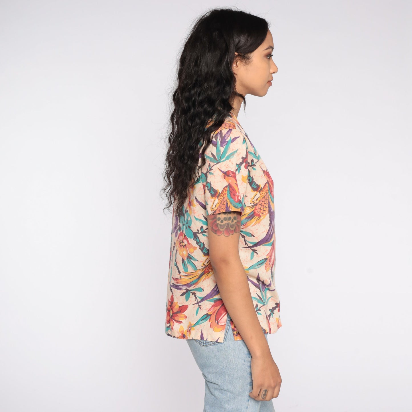 90s Tropical Floral Bird Print Button-Up Blouse Short Sleeve Rayon Medium M