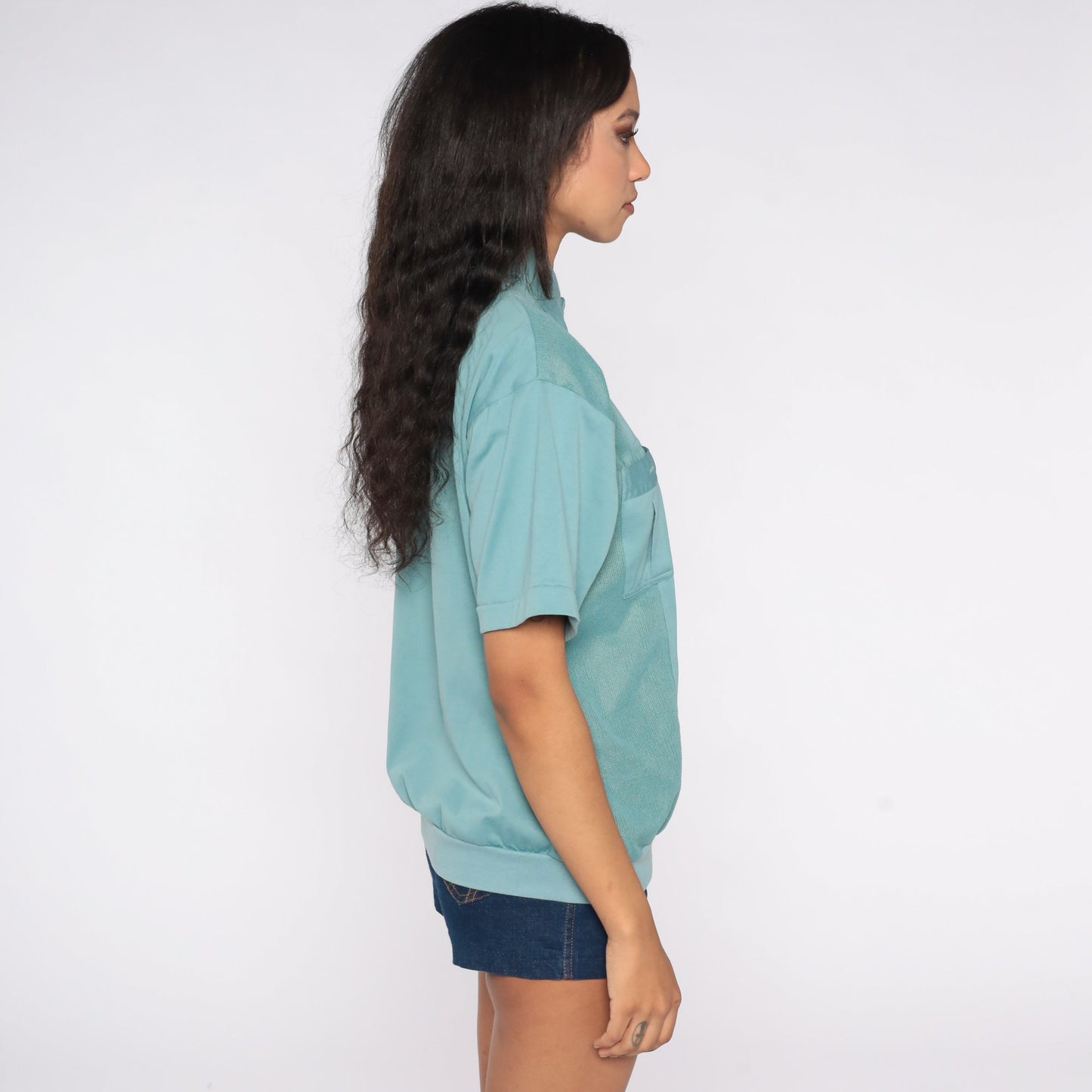 80s Muted Seafoam Polo Shirt Button-Up Short Sleeve Cotton Blend Large