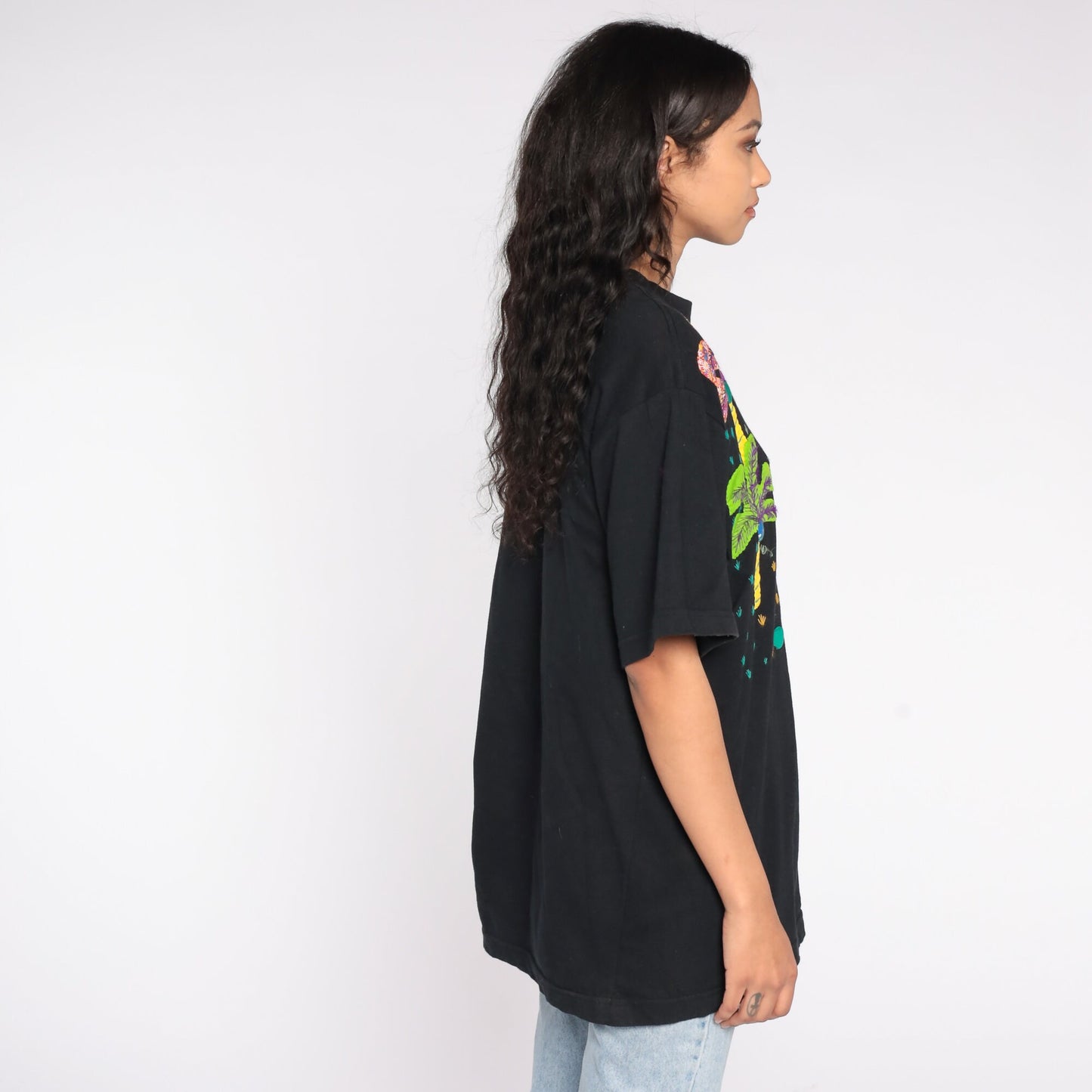 90s Palm Tree Embroidered T-Shirt Black Graphic Tee Extra Large XL