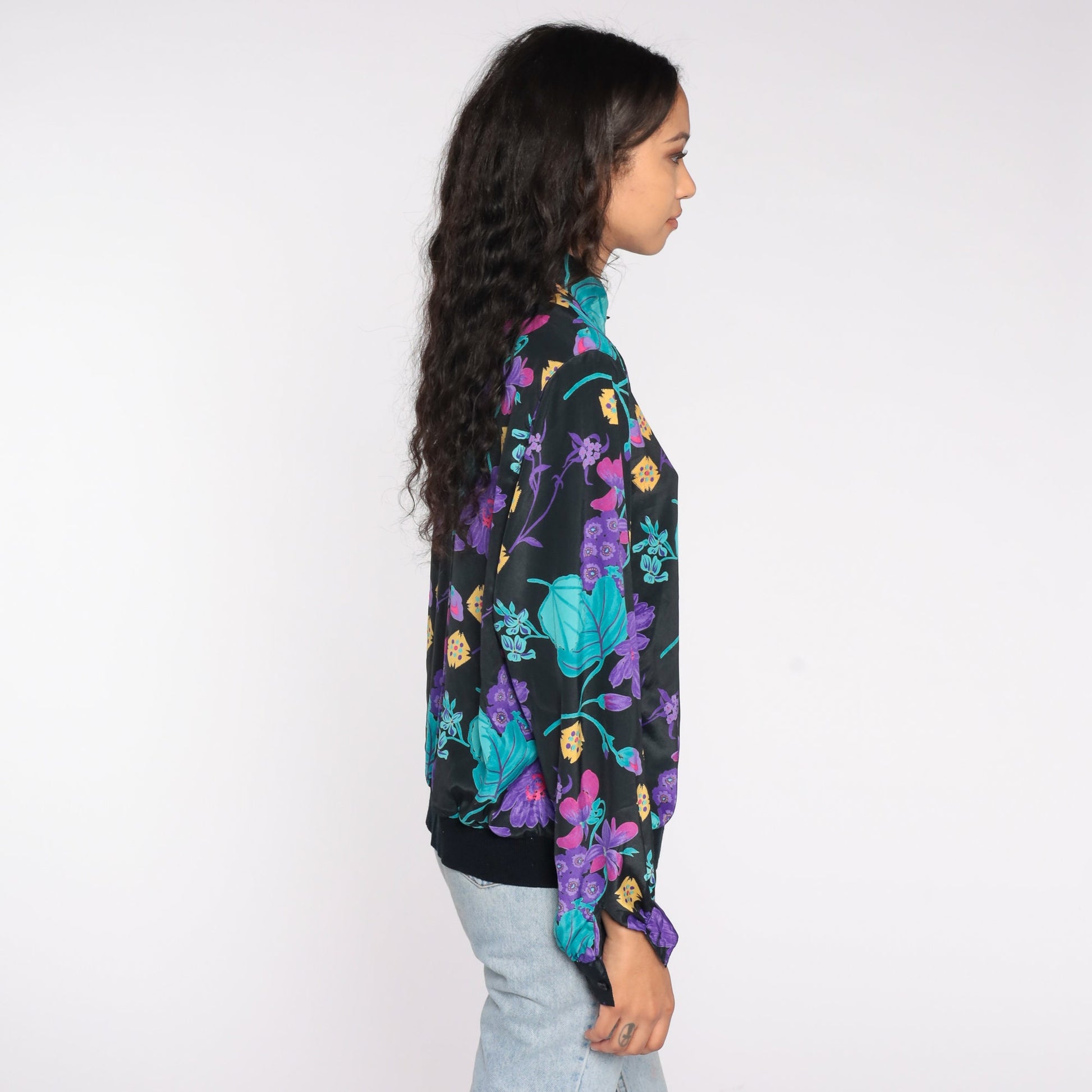 90s Floral Blouse Long Sleeve Collared Shirt Purple Print Banded Hem Large L