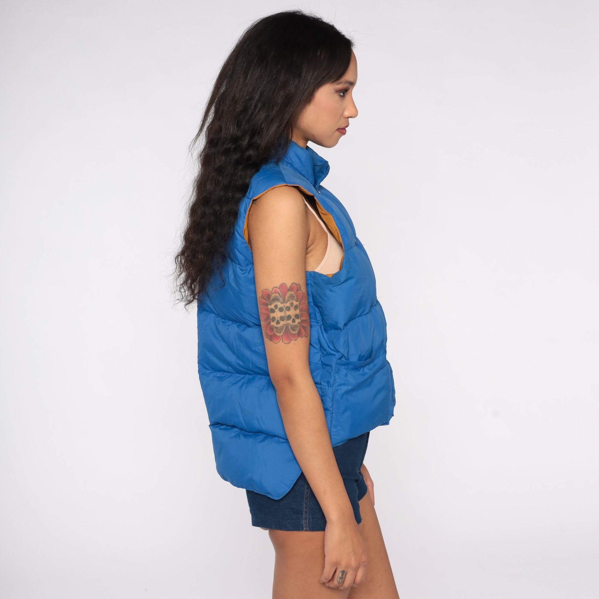 70s Reversible Goose Down Puffer Vest Mustard Brown Blue Sleeveless Medium Large