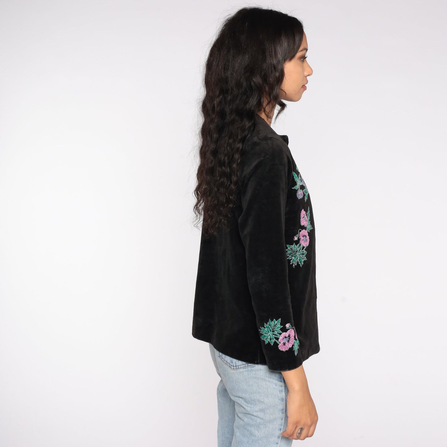 80s Black Velvet Floral Embroidered Open Front Blazer Small