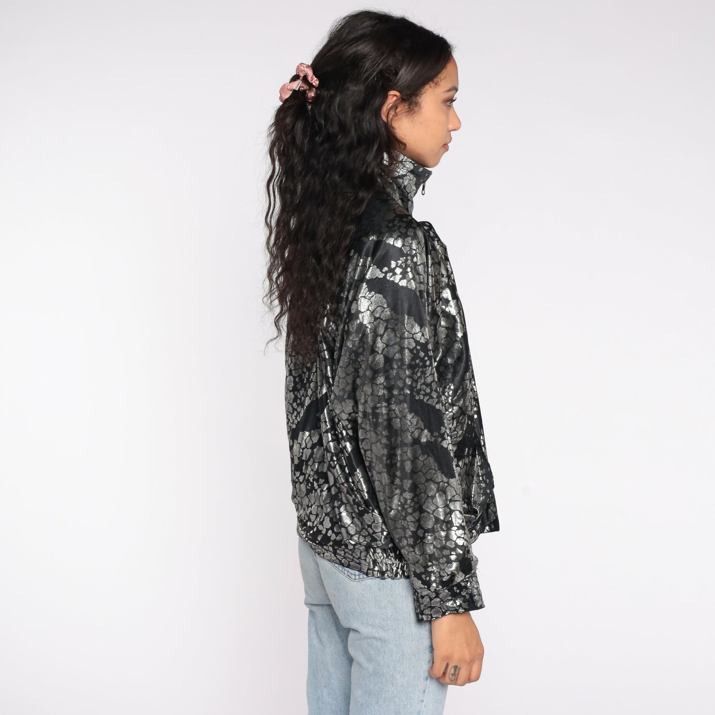90s Reversible Windbreaker Black Metallic Silver Abstract Zip Bomber Large L