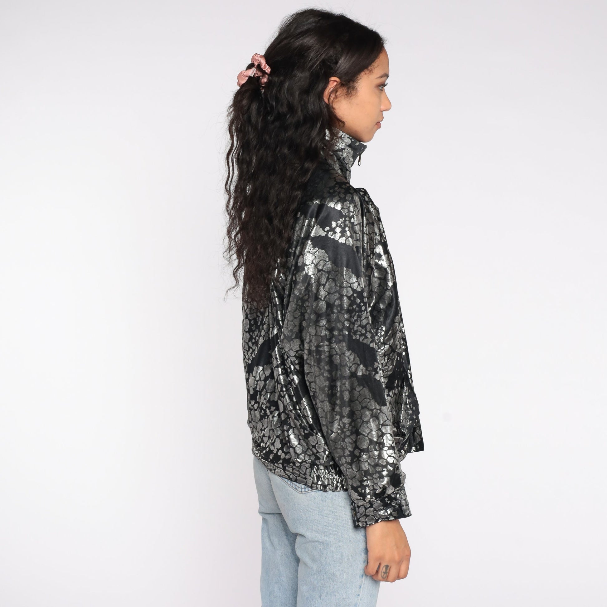 90s Reversible Windbreaker Black Metallic Silver Abstract Zip Bomber Large L
