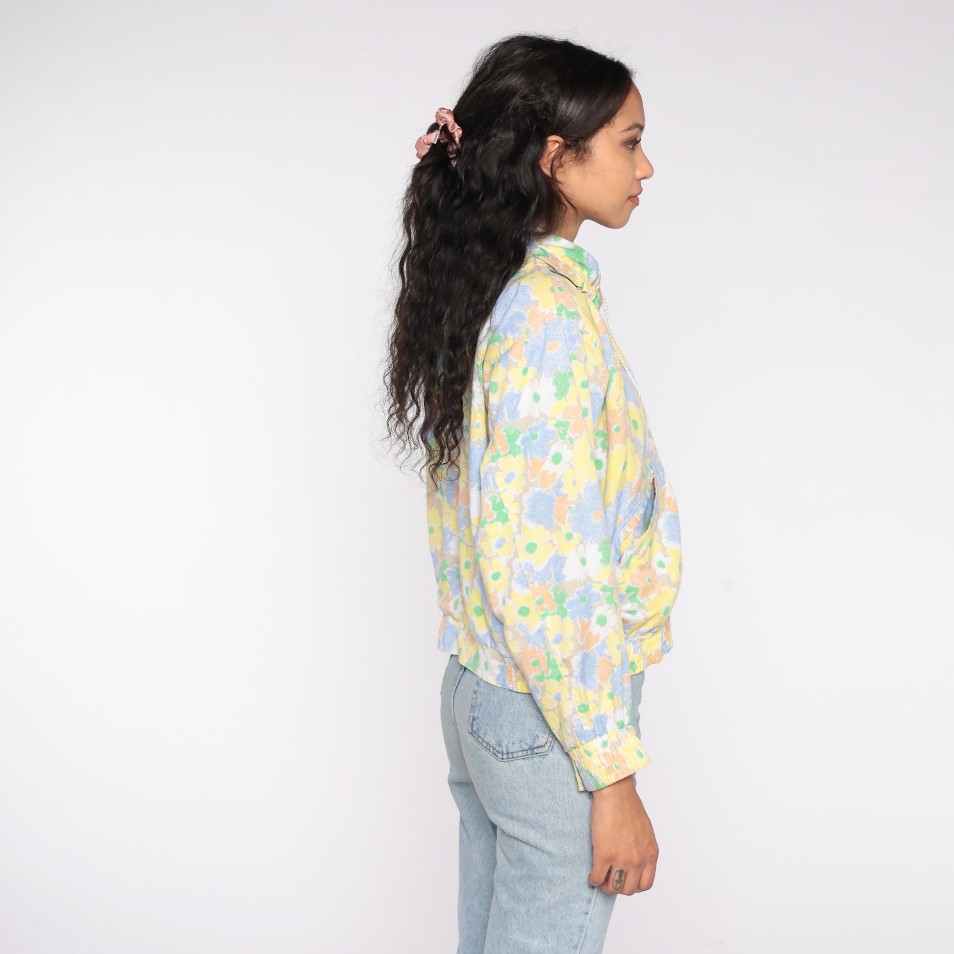 80s Floral Hooded Windbreaker Pastel Zip-Up Jacket Medium