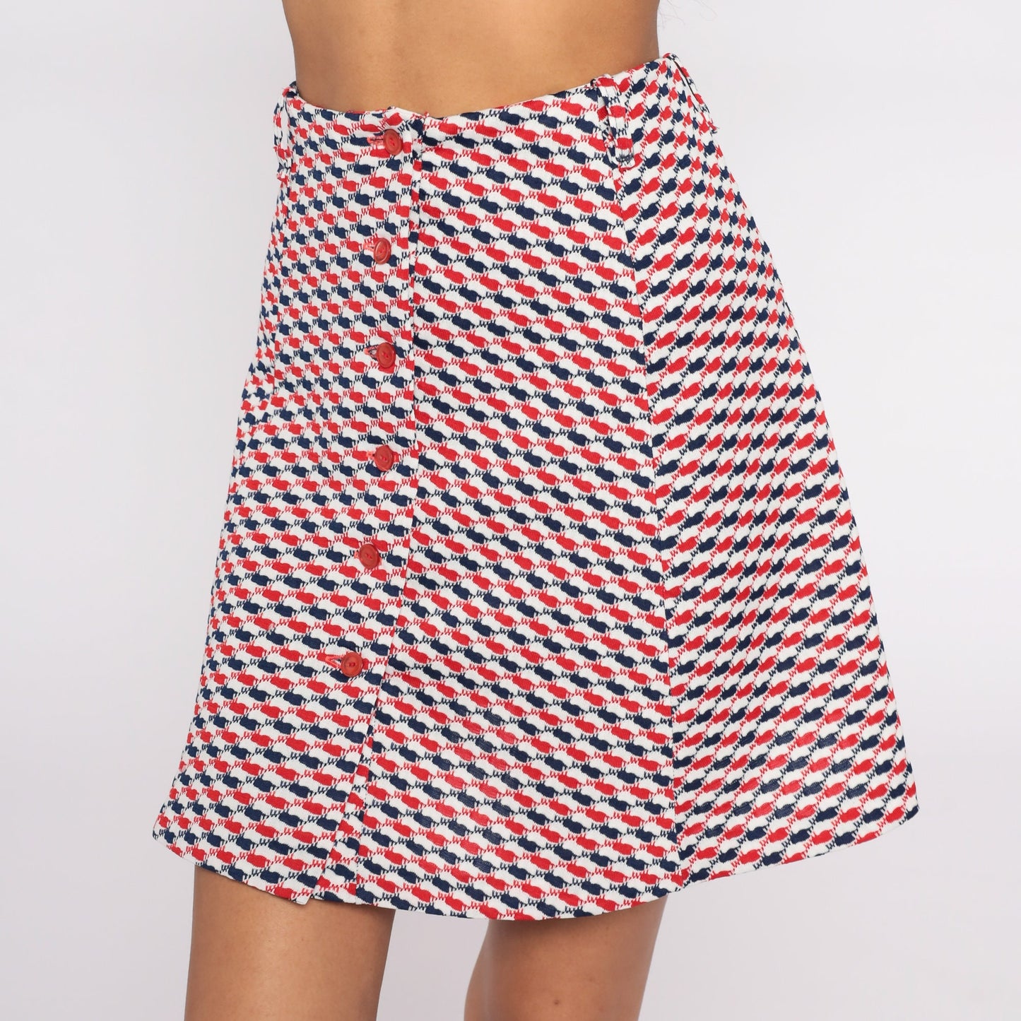 70s Plaid Mini Skirt Red White Blue High Waisted Button Front Checkered Extra Small