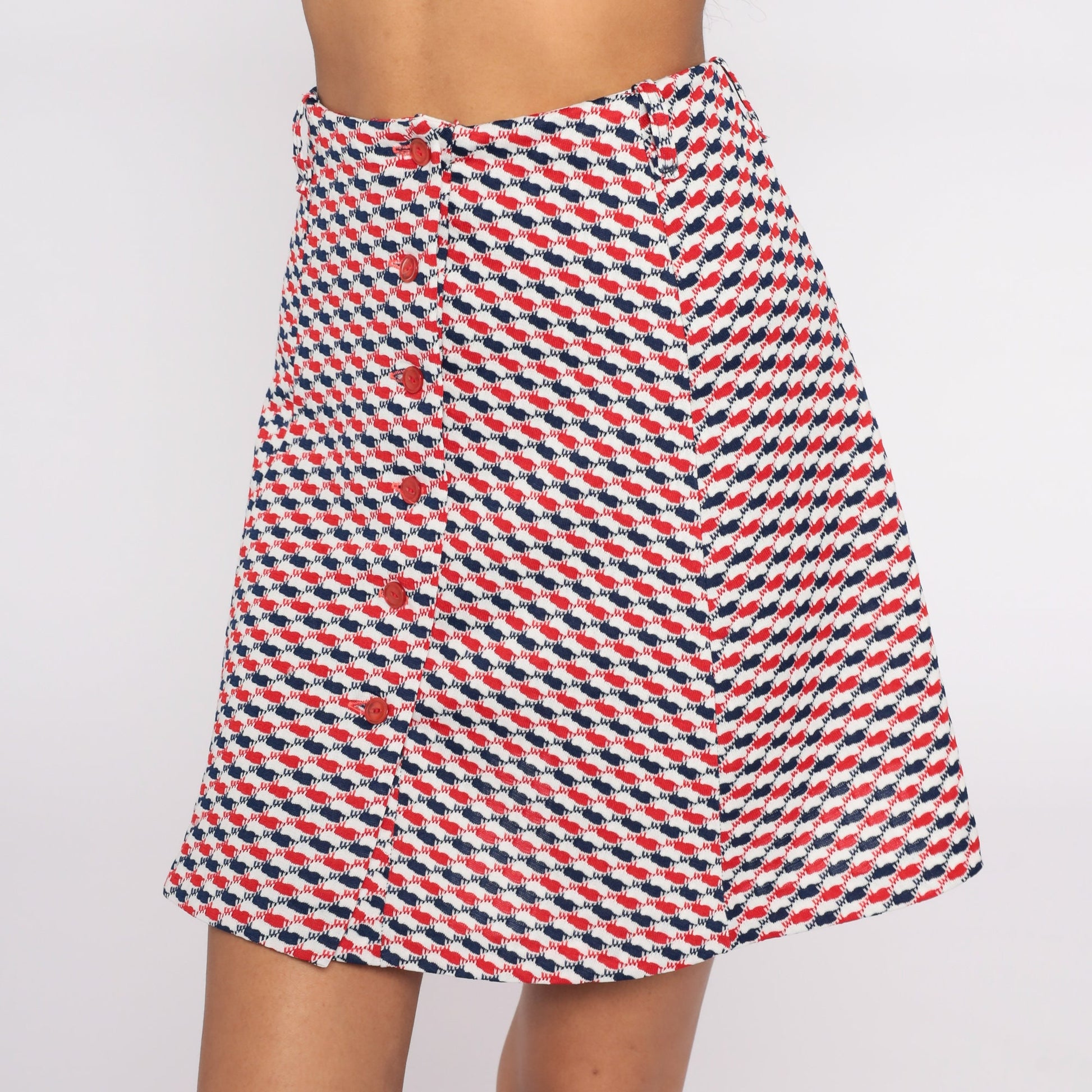 70s Plaid Mini Skirt Red White Blue High Waisted Button Front Checkered Extra Small