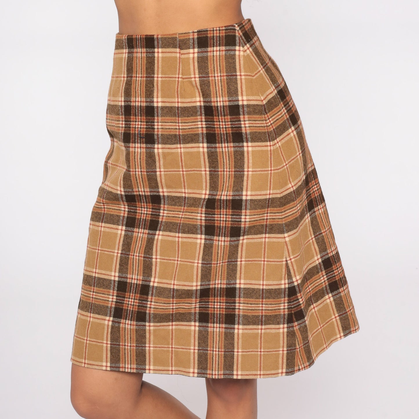 70s Brown Plaid High-Waist Pencil Skirt Wool Extra Small XS