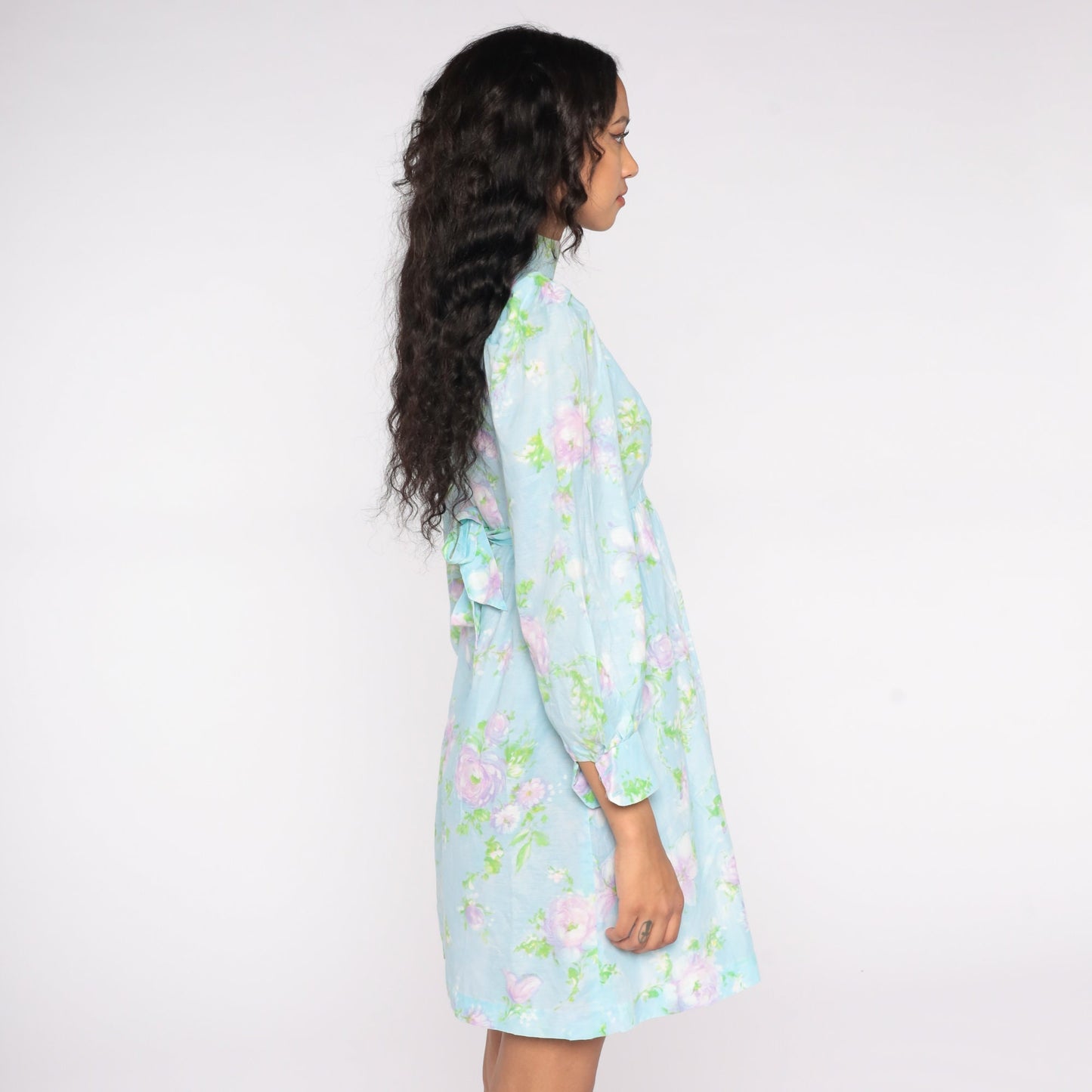 60s Floral Babydoll Dress Baby Blue Mock Neck Puff Sleeve Mini Small S