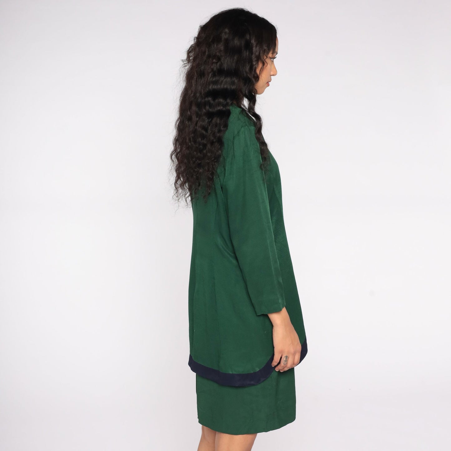 80s Green Midi Shirt Dress Button-Up Long Sleeve Peplum Navy Detail Extra Large XL