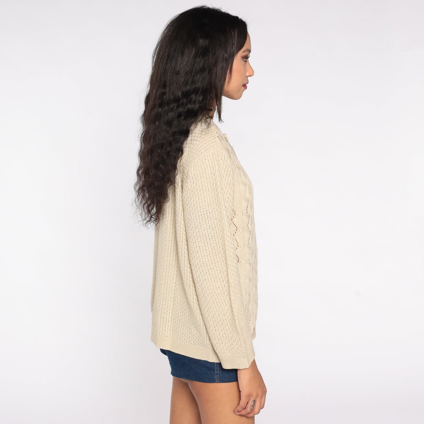 70s Beige Cardigan Sweater Pointelle Open Weave Button Up Knitwear Small