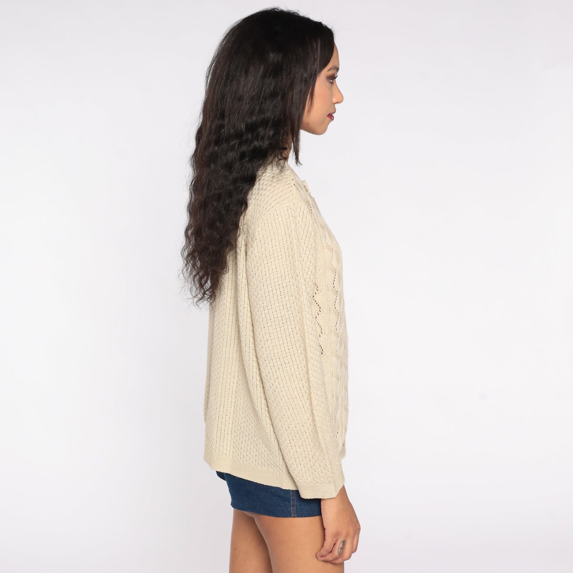 70s Beige Cardigan Sweater Pointelle Open Weave Button Up Knitwear Small